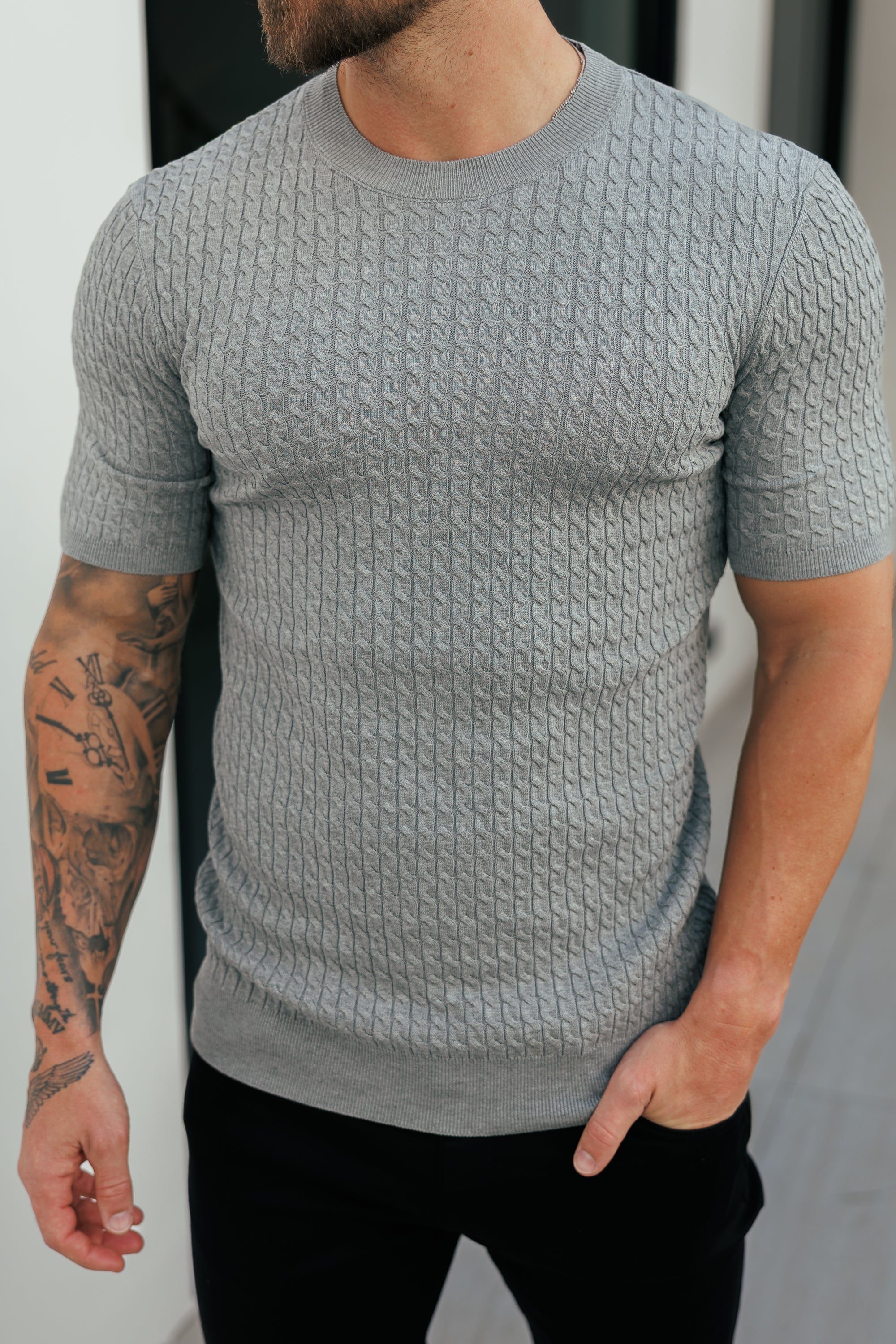Front Chain Knit Crew T-Shirt Light Charcoal Short Sleeve - FSR058