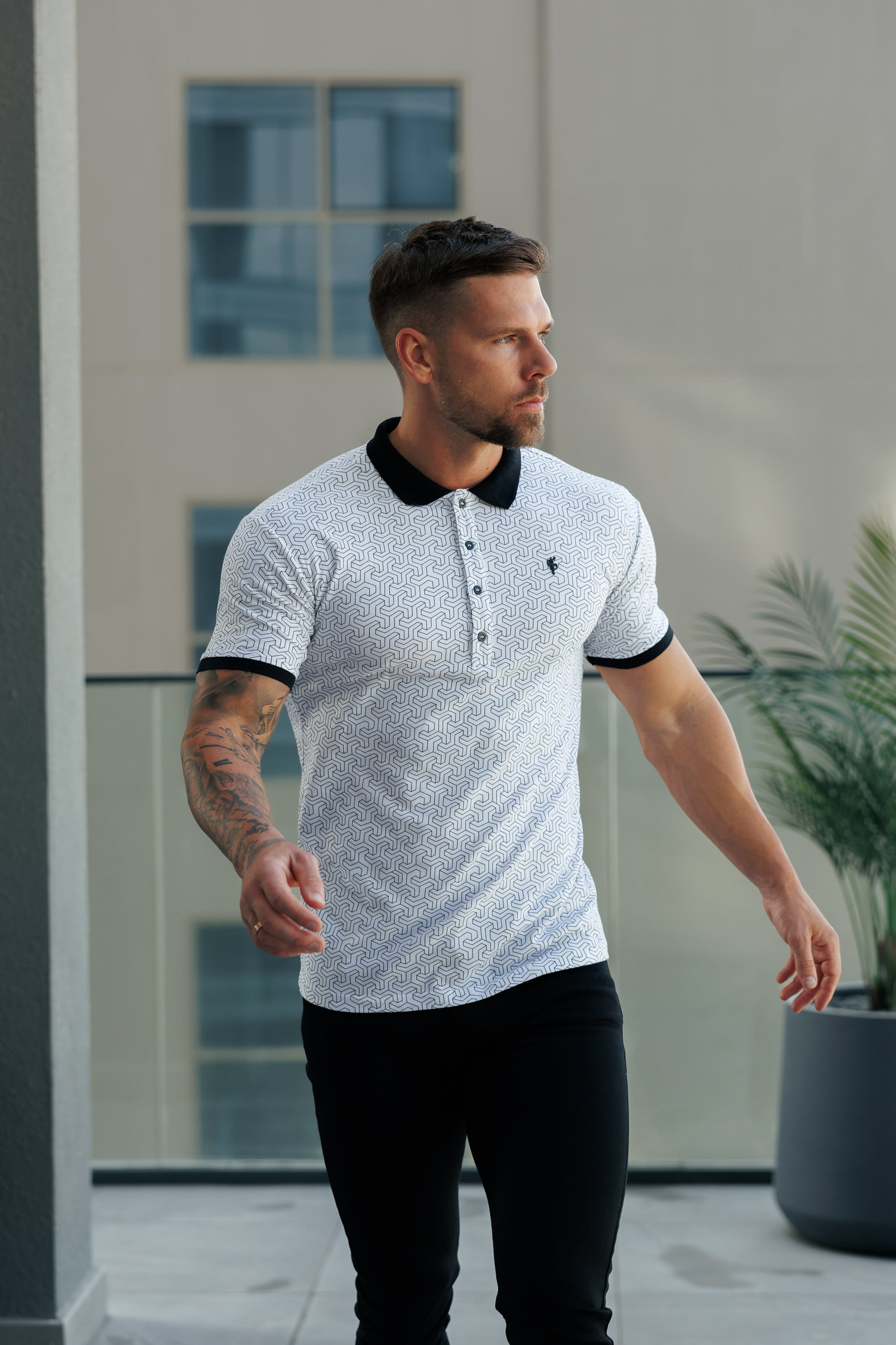 White / Black Geo Printed Polo Shirt - FSH1233