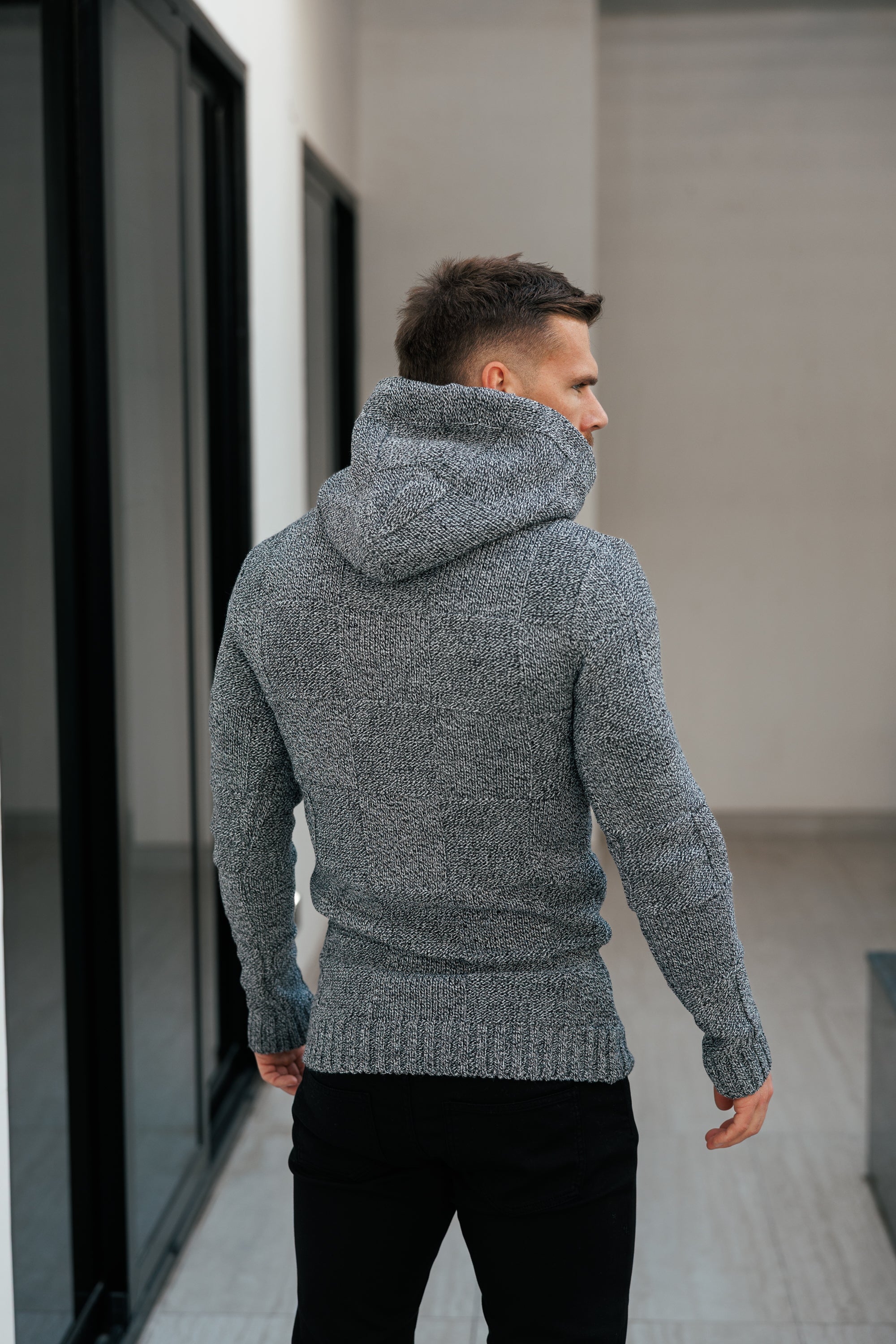 Black / White Two Tone Checkerboard Knitted Hoodie - FSJ134