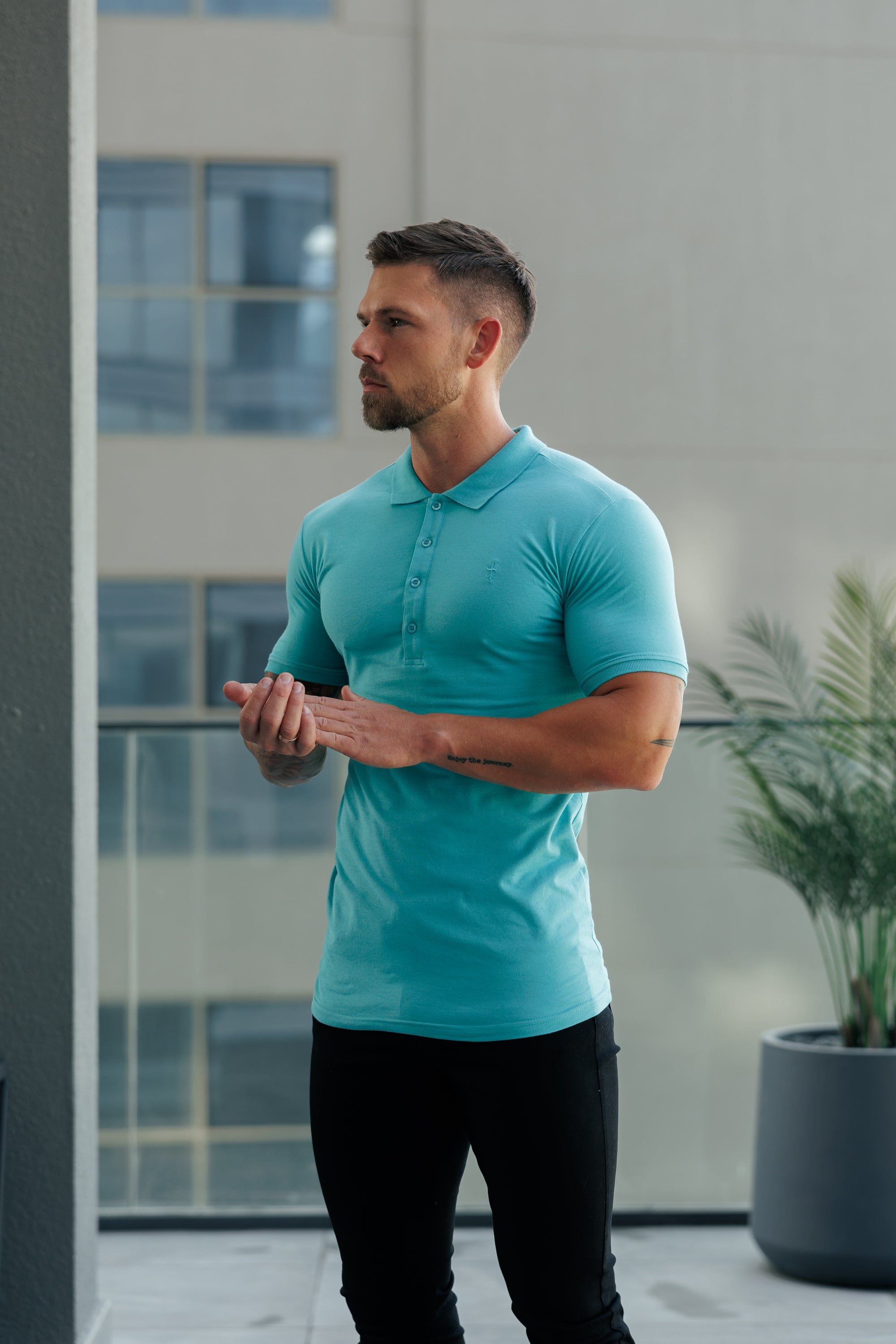 Classic Ocean Green Polo Shirt with Tonal Button and Embroidery - FSH1272