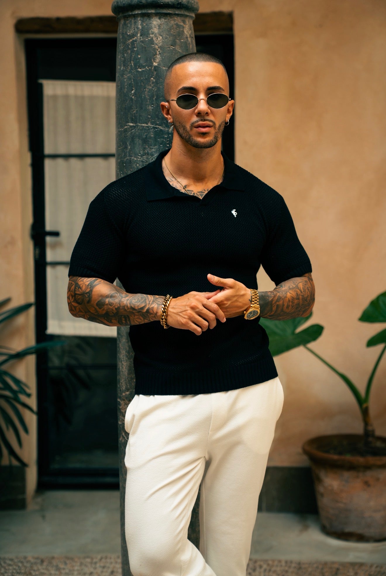 Black Plain Crochet Knitted Revere Short Sleeve Polo - FSJ175 (PRE ORDER 29TH AUGUST)