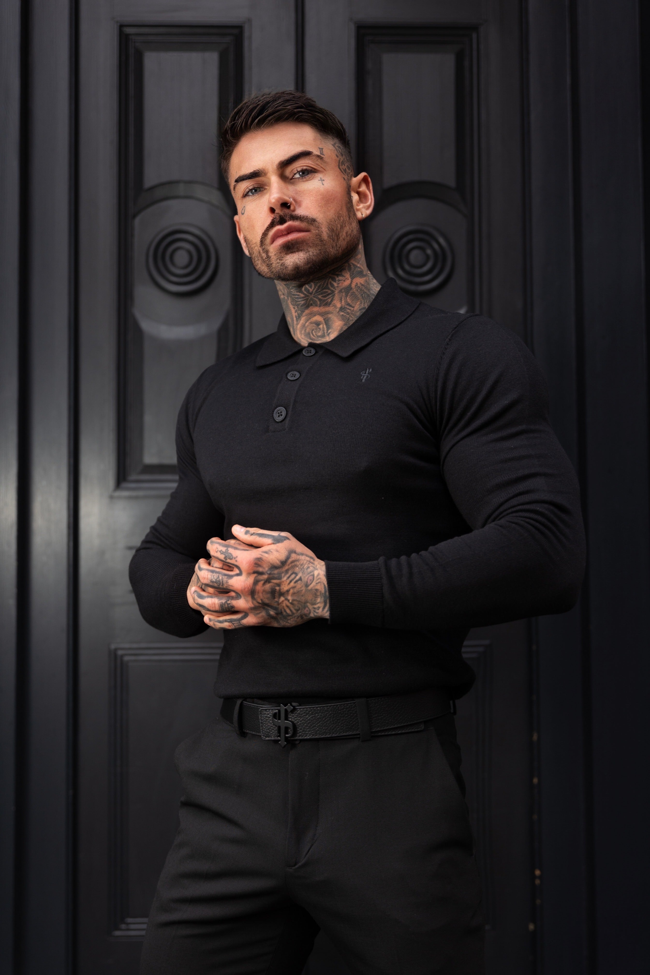 Classic Black Knitted Polo Jumper Long Sleeve With Tonal FS Embroidery- FSN139