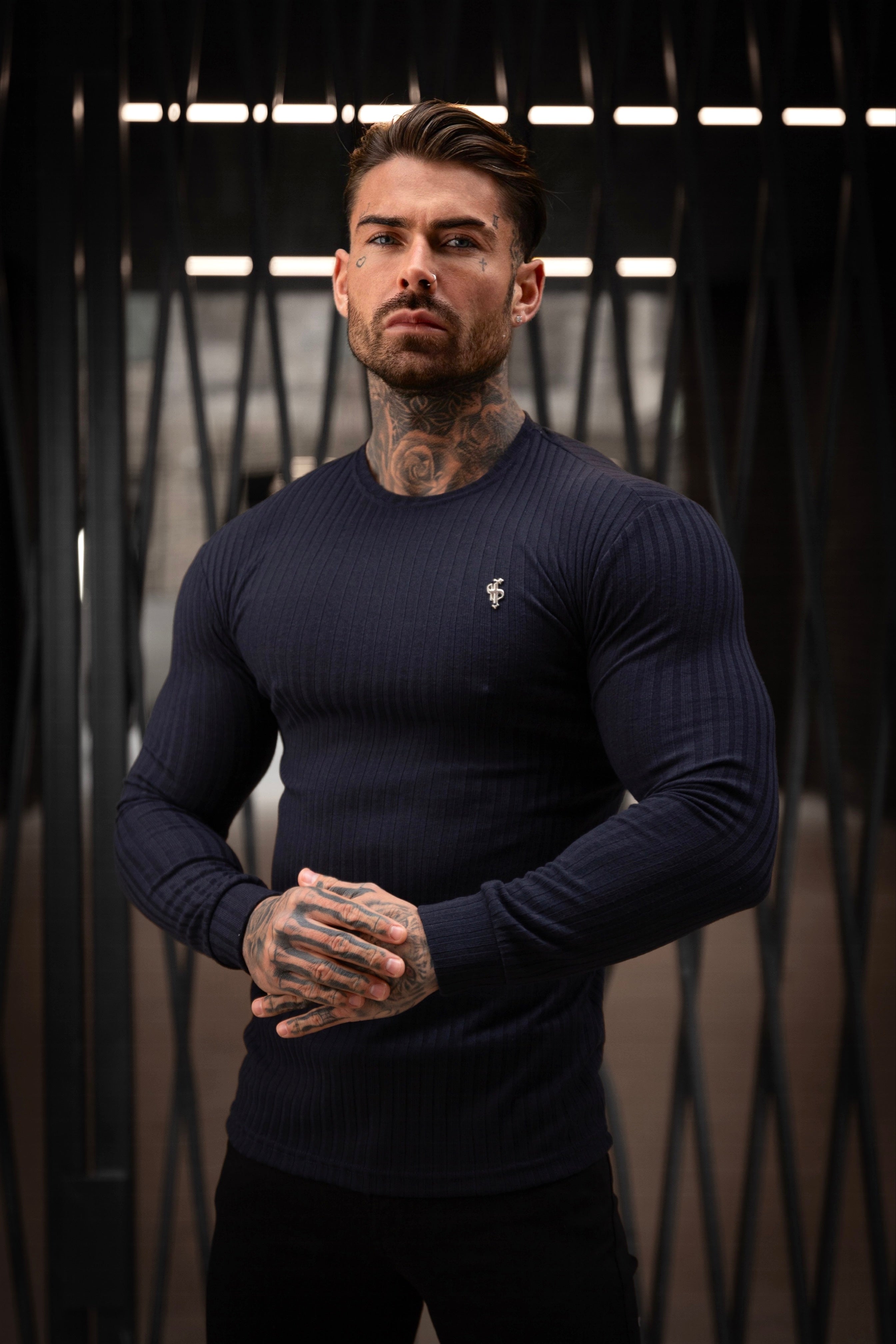 Classic Navy Ribbed Knit Jumper With Silver Metal Emblem - FSH945
