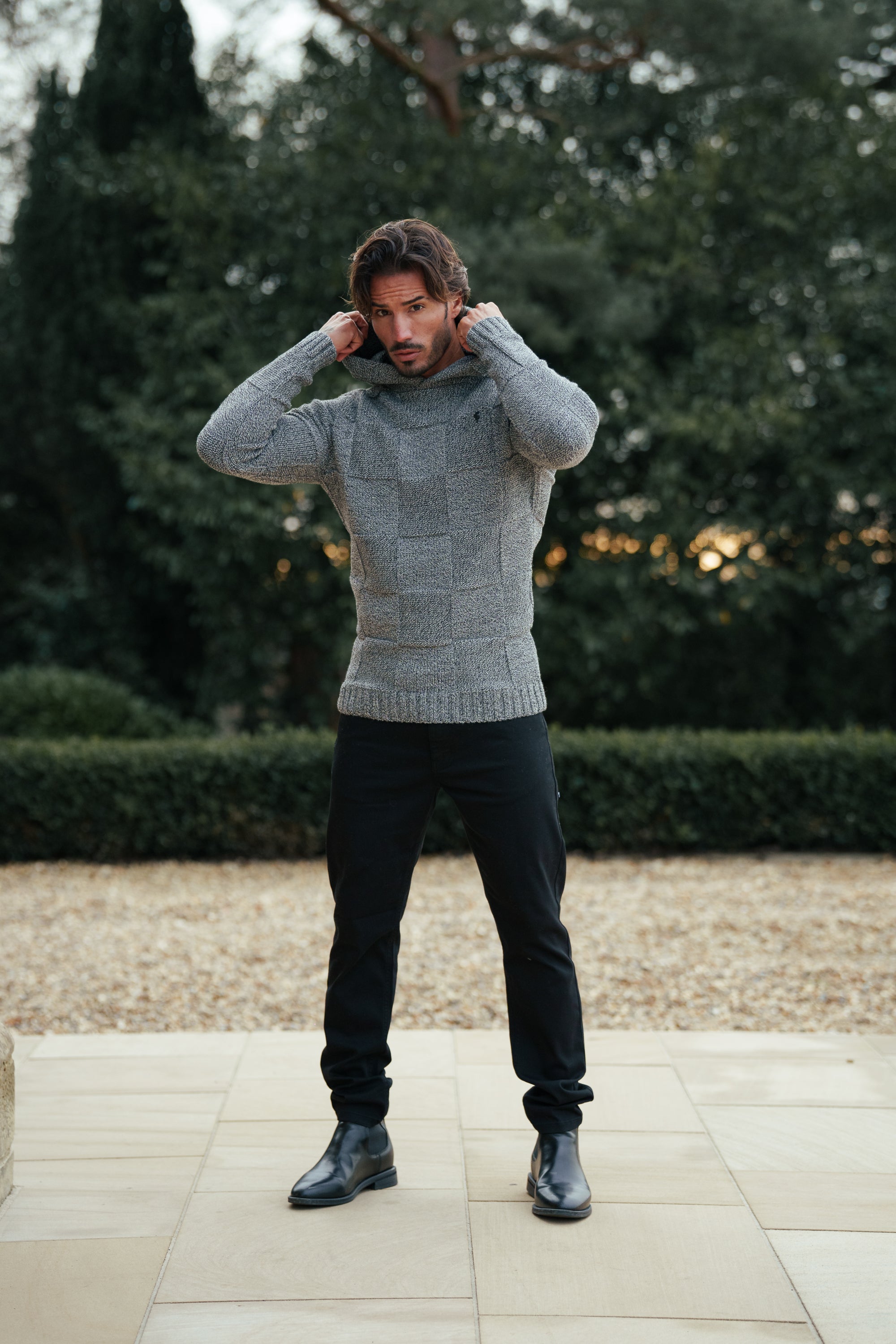 Black / White Two Tone Checkerboard Knitted Hoodie - FSJ134