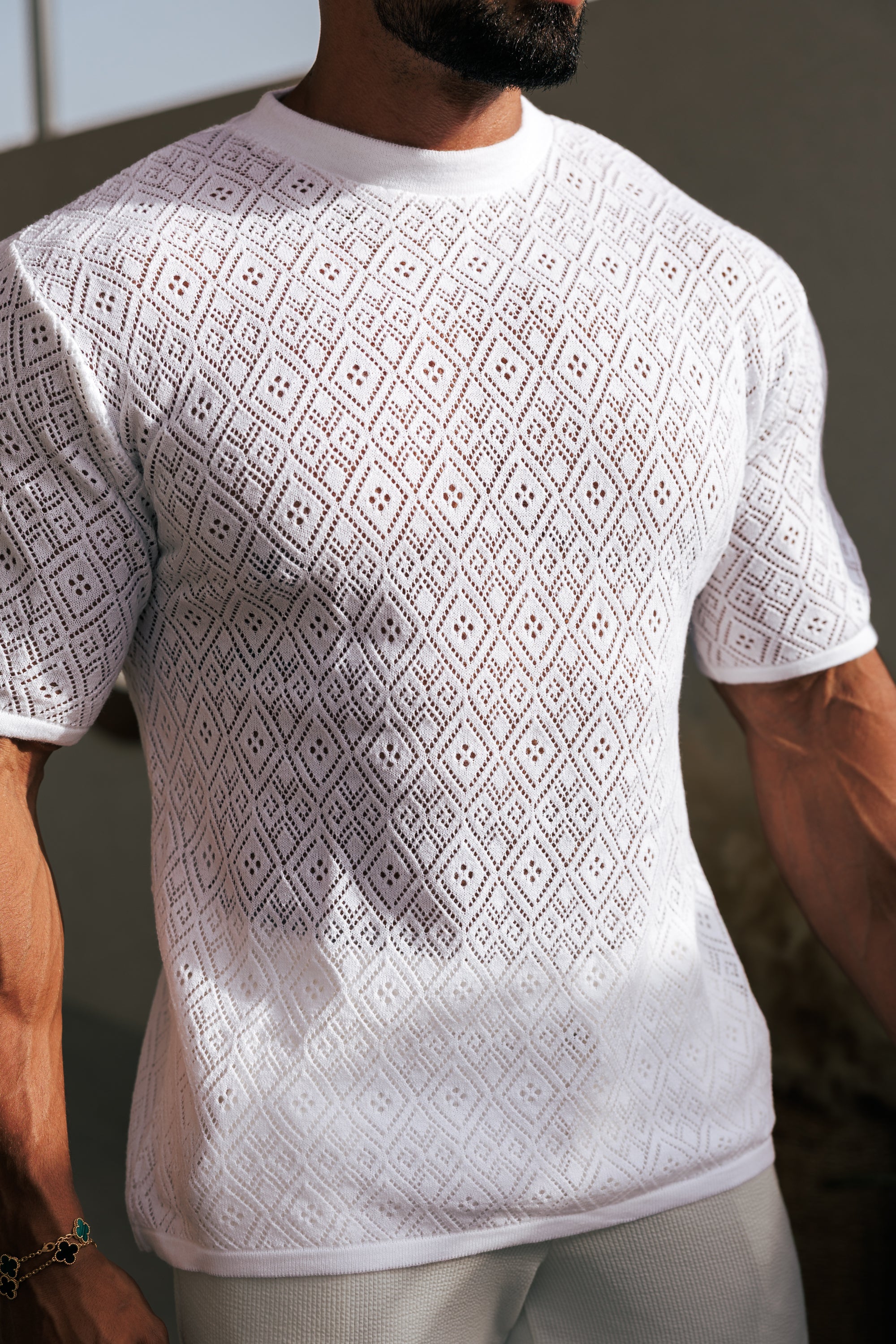 Crochet Crew T-Shirt White Short Sleeve - FSJ086