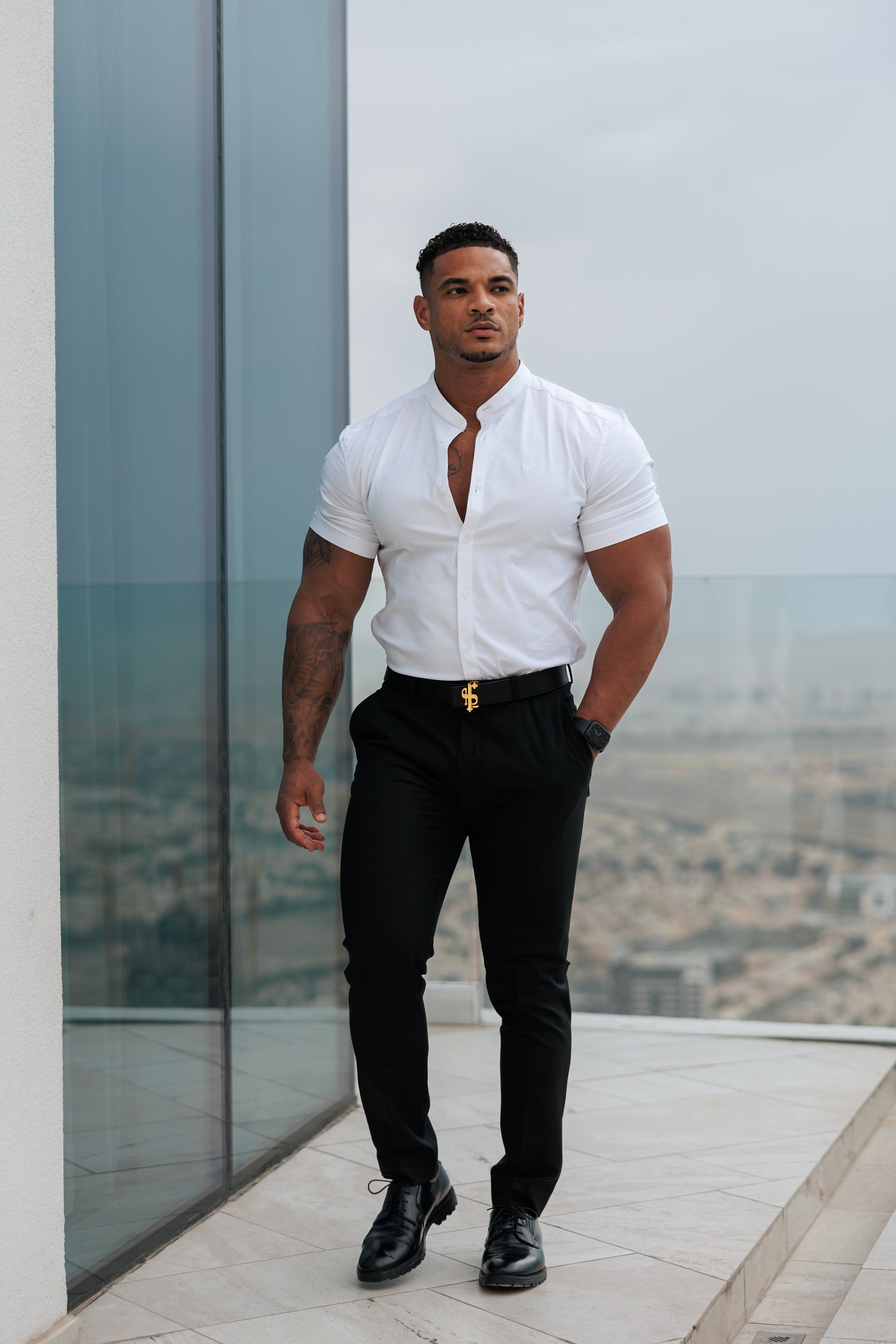Super Slim Stretch Classic All White Grandad Collar Short Sleeve - FS580