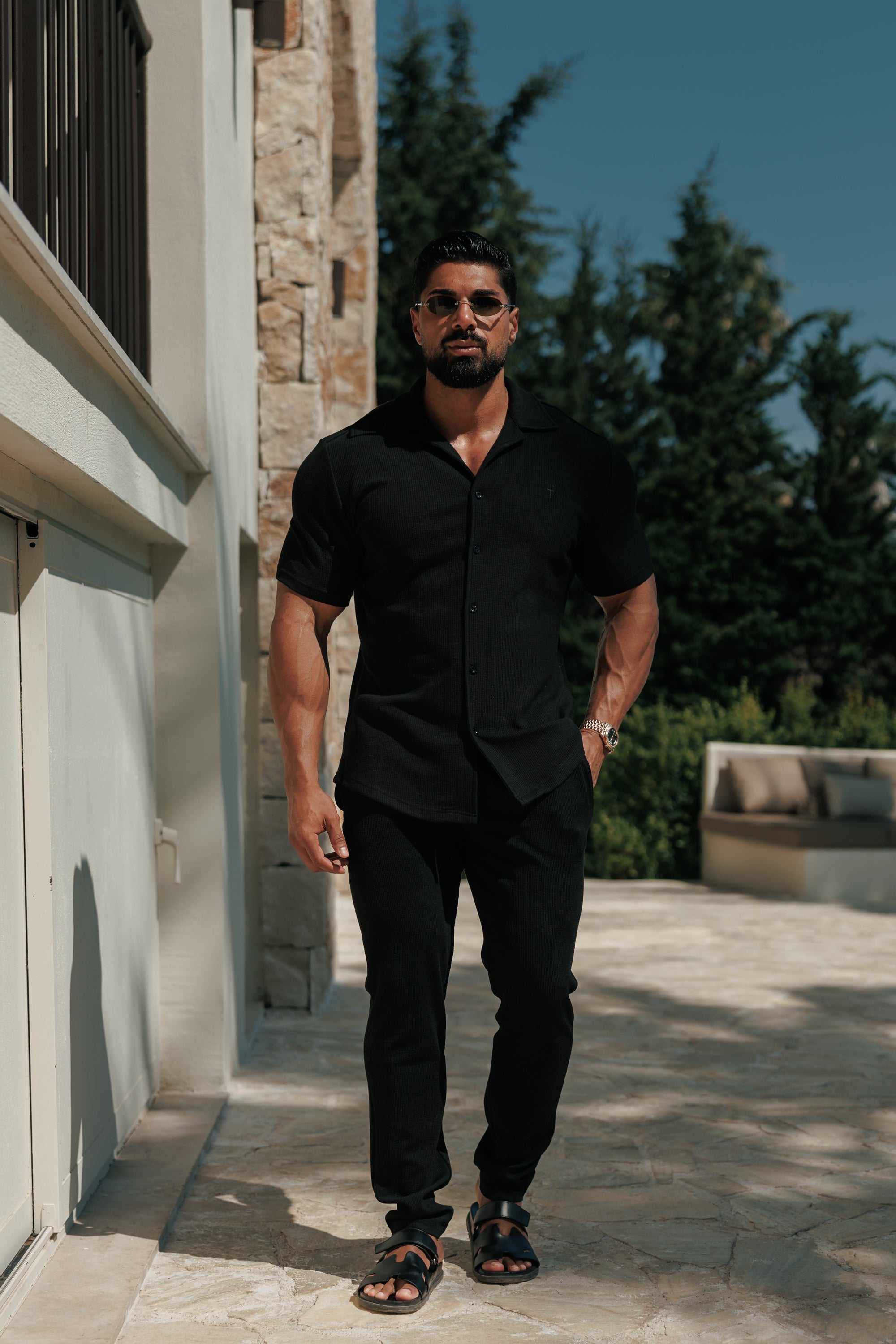 Jersey Cord Stretch Black Revere Shirt Short Sleeve - FSR070 (PRE ORDER 30TH JUNE)