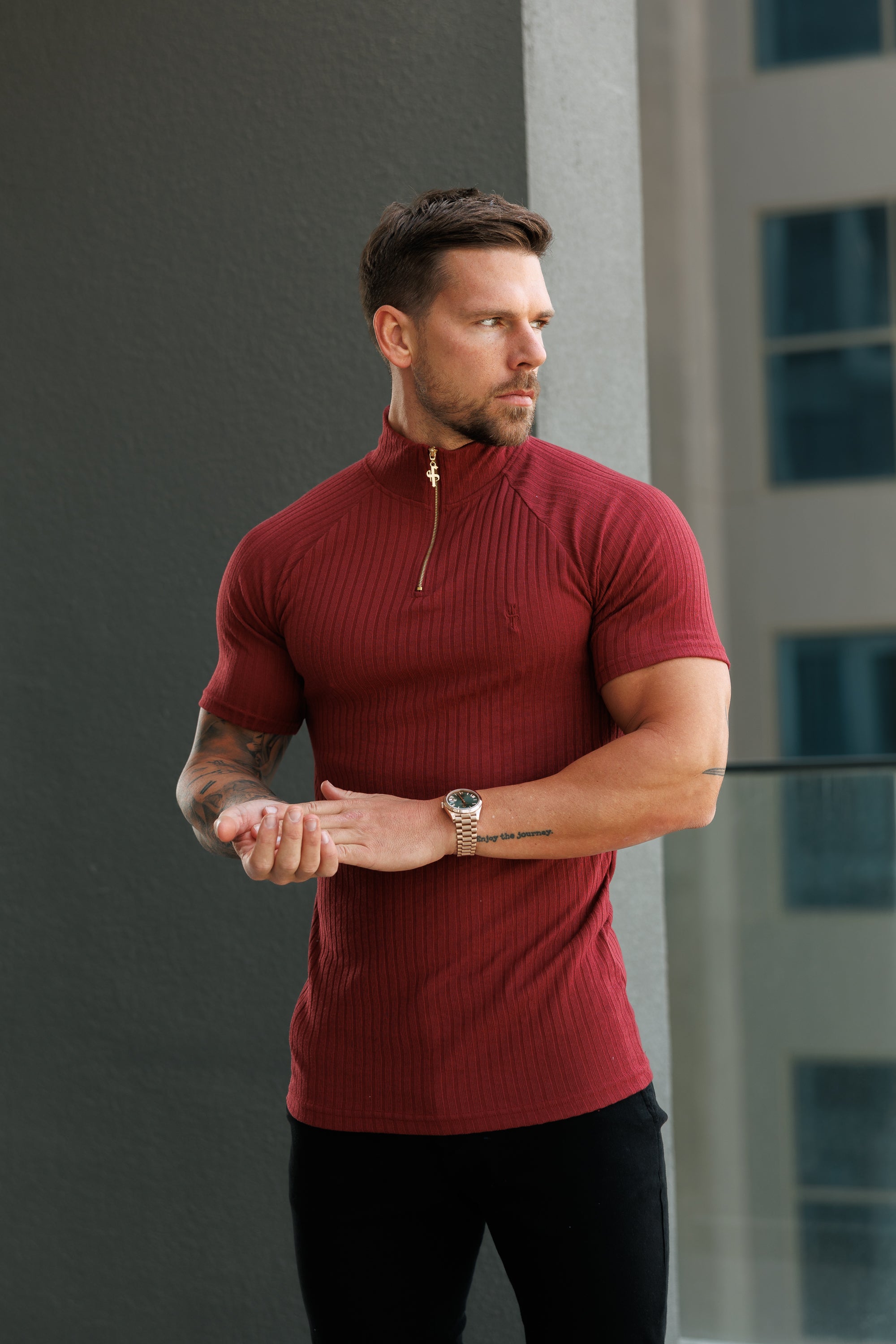 Classic Burgundy Ribbed Zip Funnel Neck Raglan Short Sleeve Crew - FSH1293
