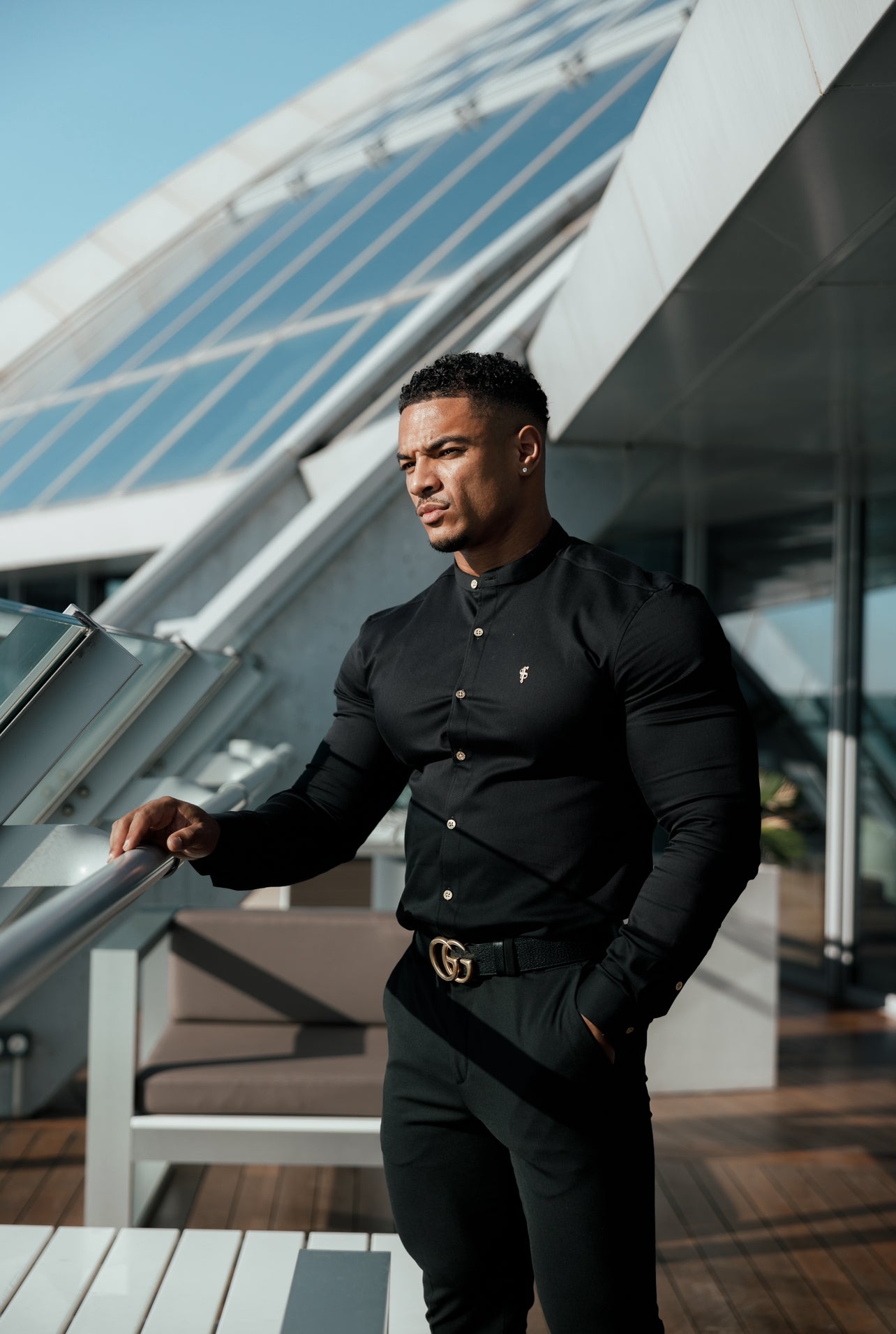 Super Slim Stretch Black Denim Long Sleeve Grandad collar with Metal Buttons and Decal Emblem - FS707