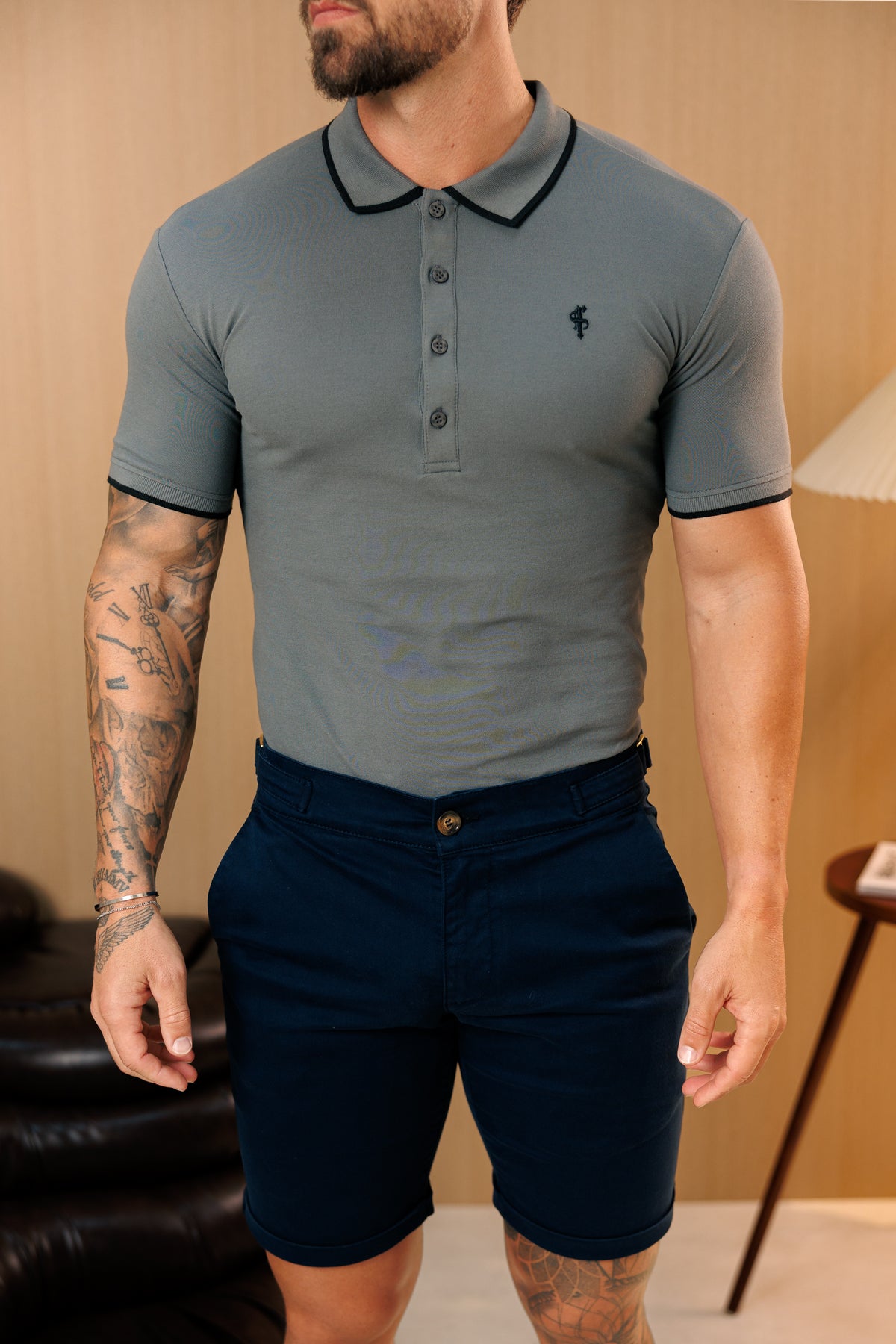 Charcoal / Black Polo Shirt With Contrast Collar and Sleeve - FSH1675