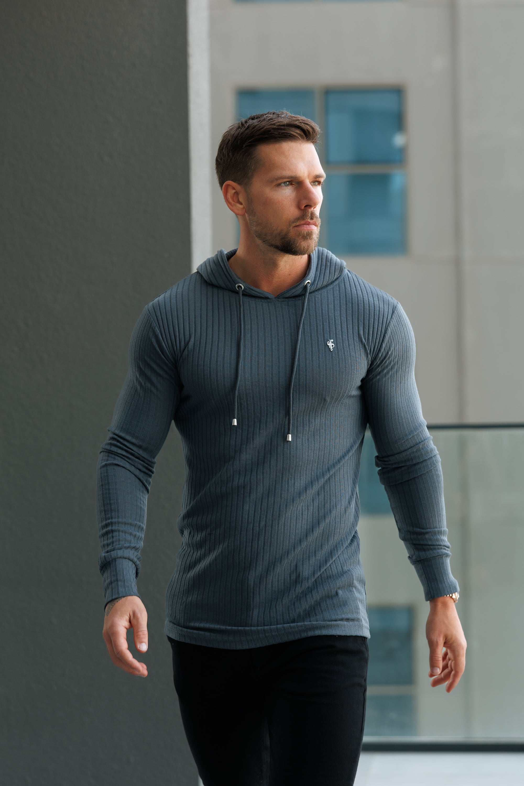 Classic Charcoal Ribbed Knit Hoodie Jumper With Silver Emblem - FSH1309