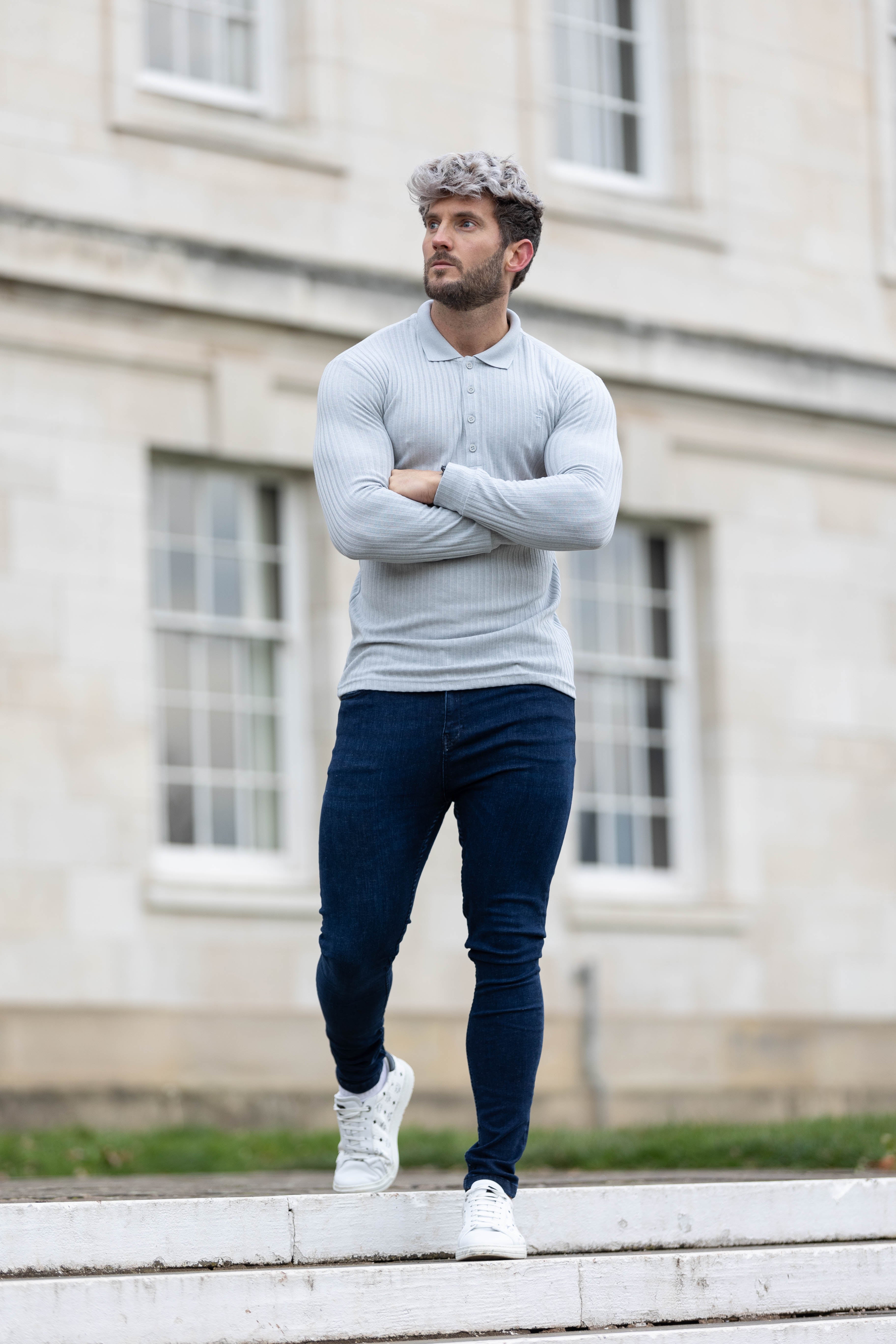Classic Light Grey Ribbed Polo Shirt Long Sleeve - FSH972