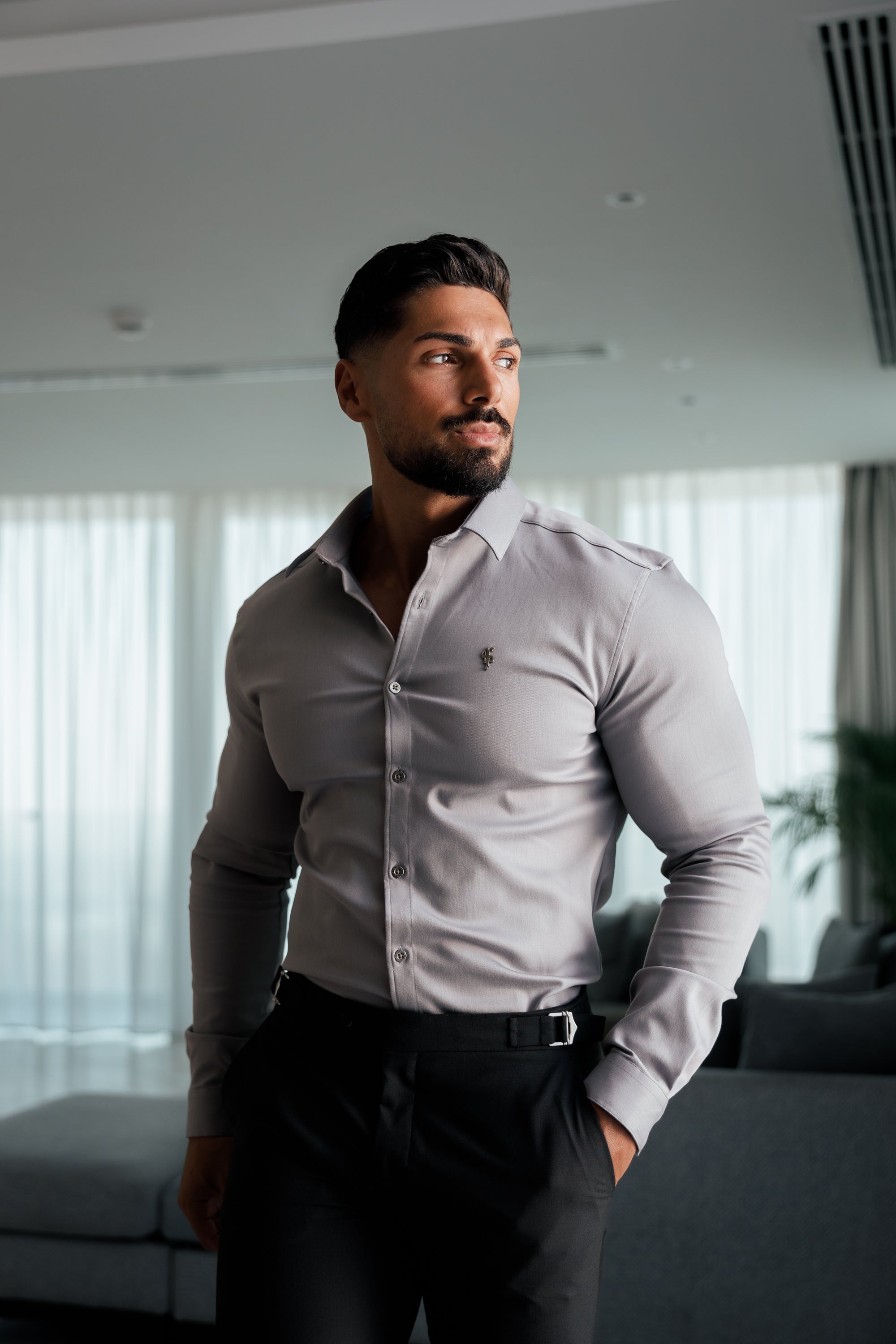 Super Slim Stretch Mid Grey Denim Long Sleeve With Metal Buttons and Decal - FS1022