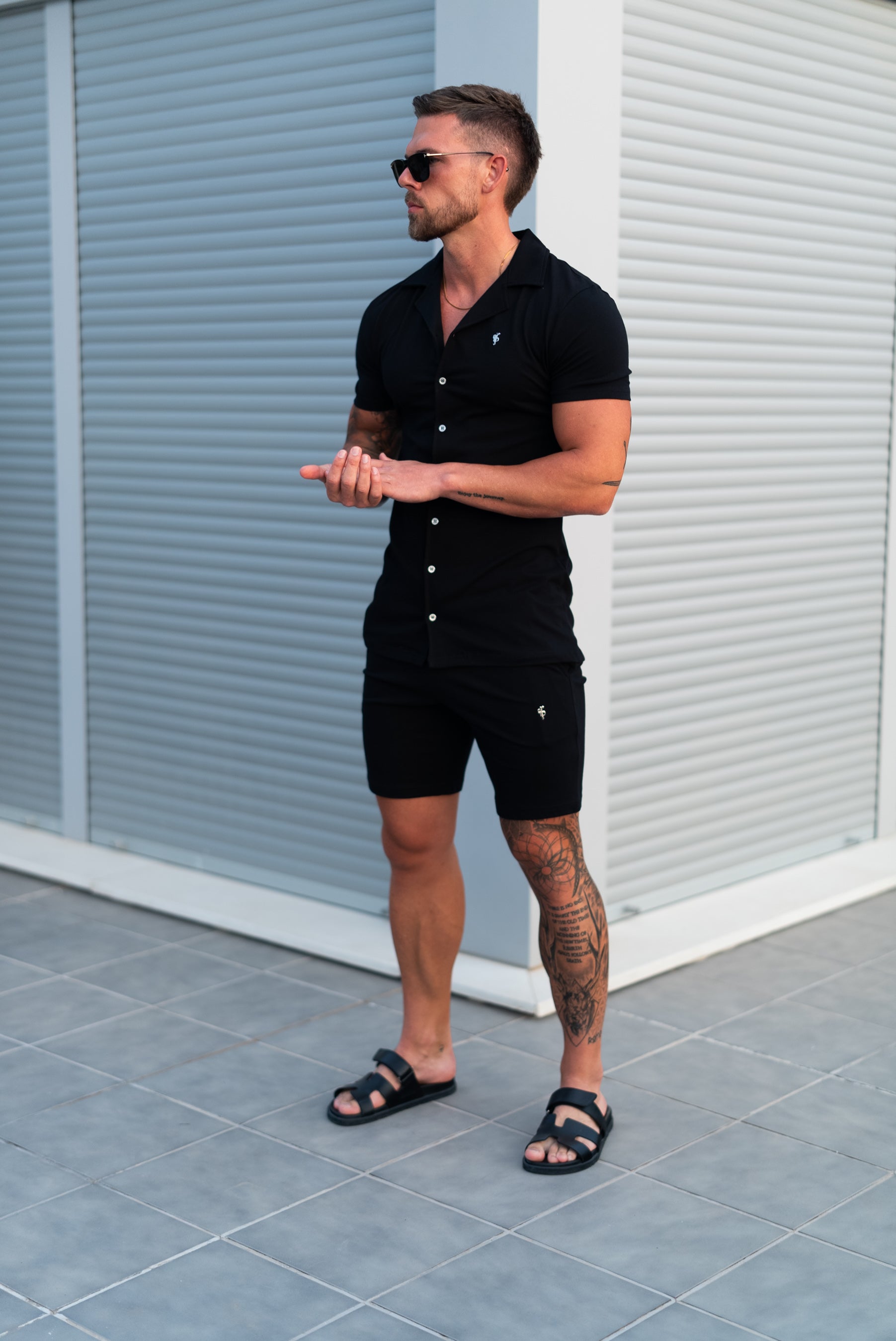 Stretch Black / Silver Pique Revere Shirt Short Sleeve - FSH1355