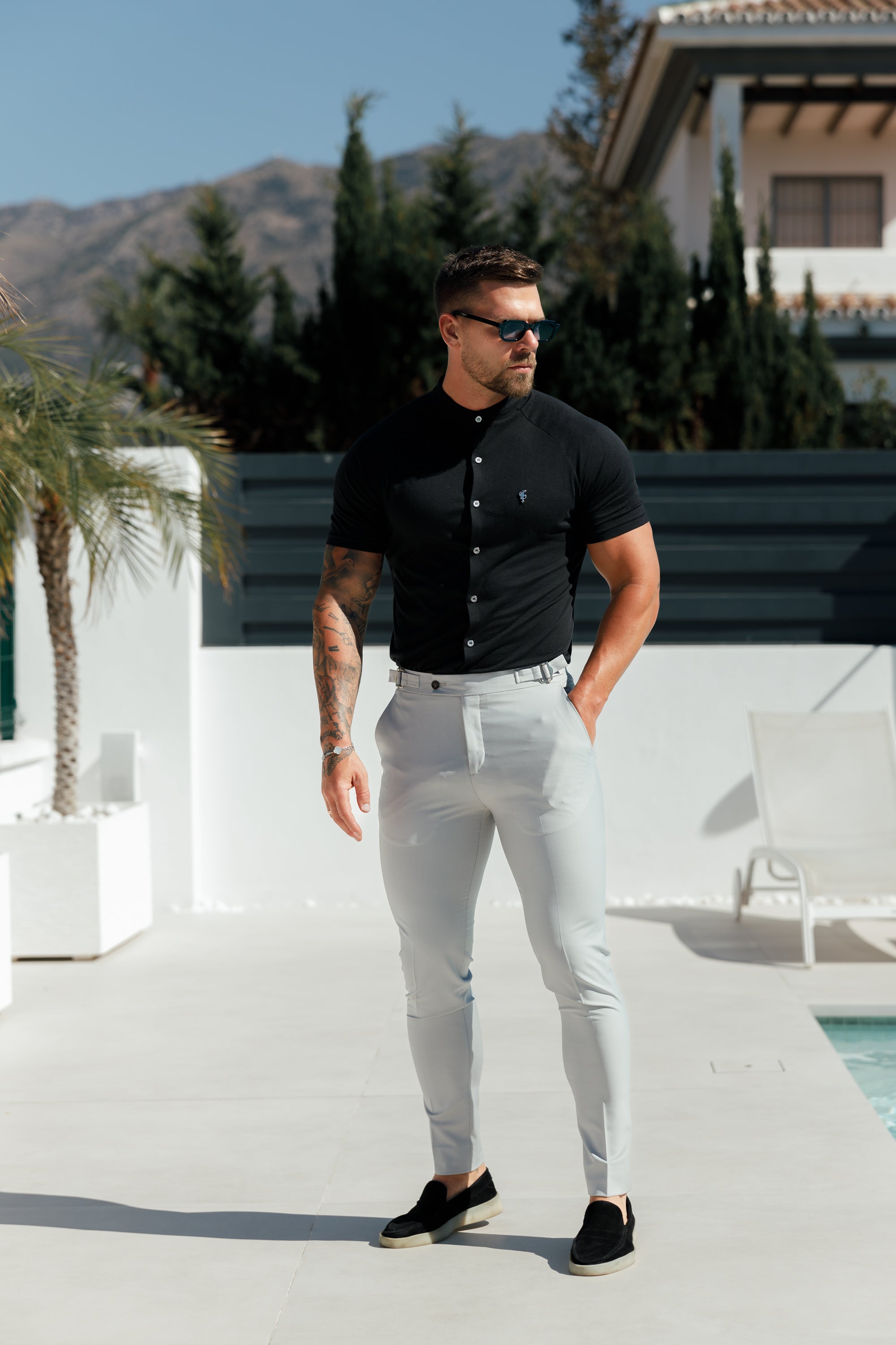 Slim Bamboo Raglan Grandad Collar Black Short Sleeve - FSH1165