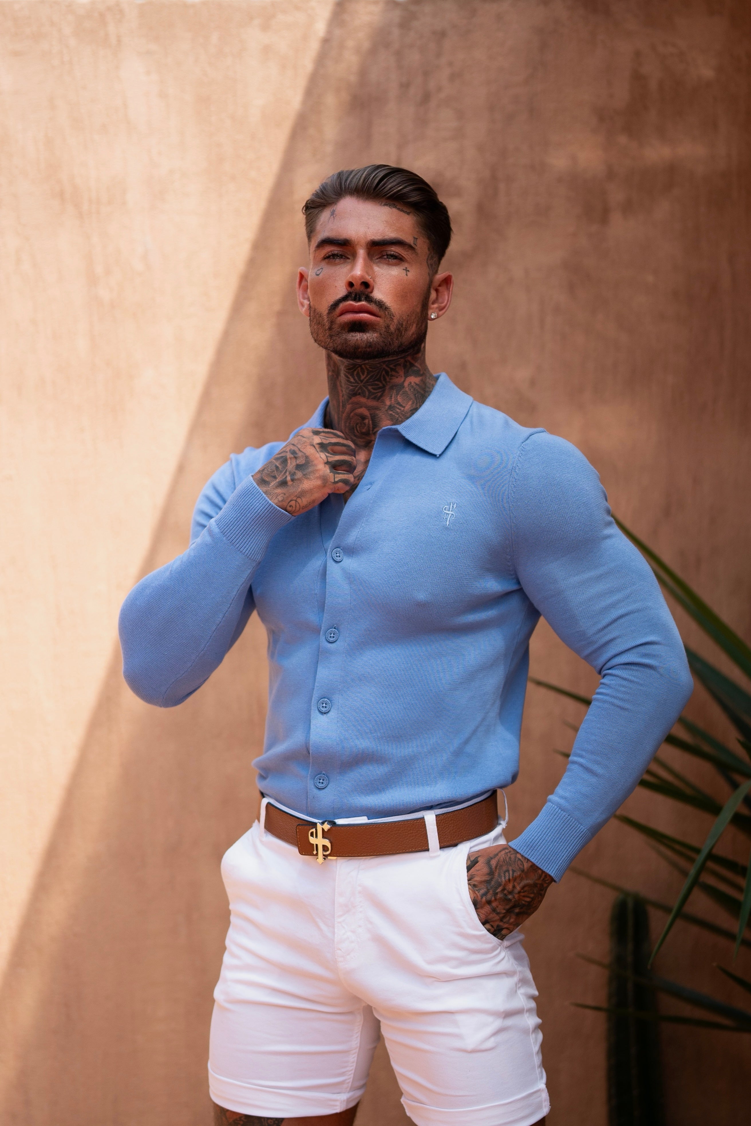 Classic Plain Light Blue Knitted Button Through Polo Long Sleeve - FSN169