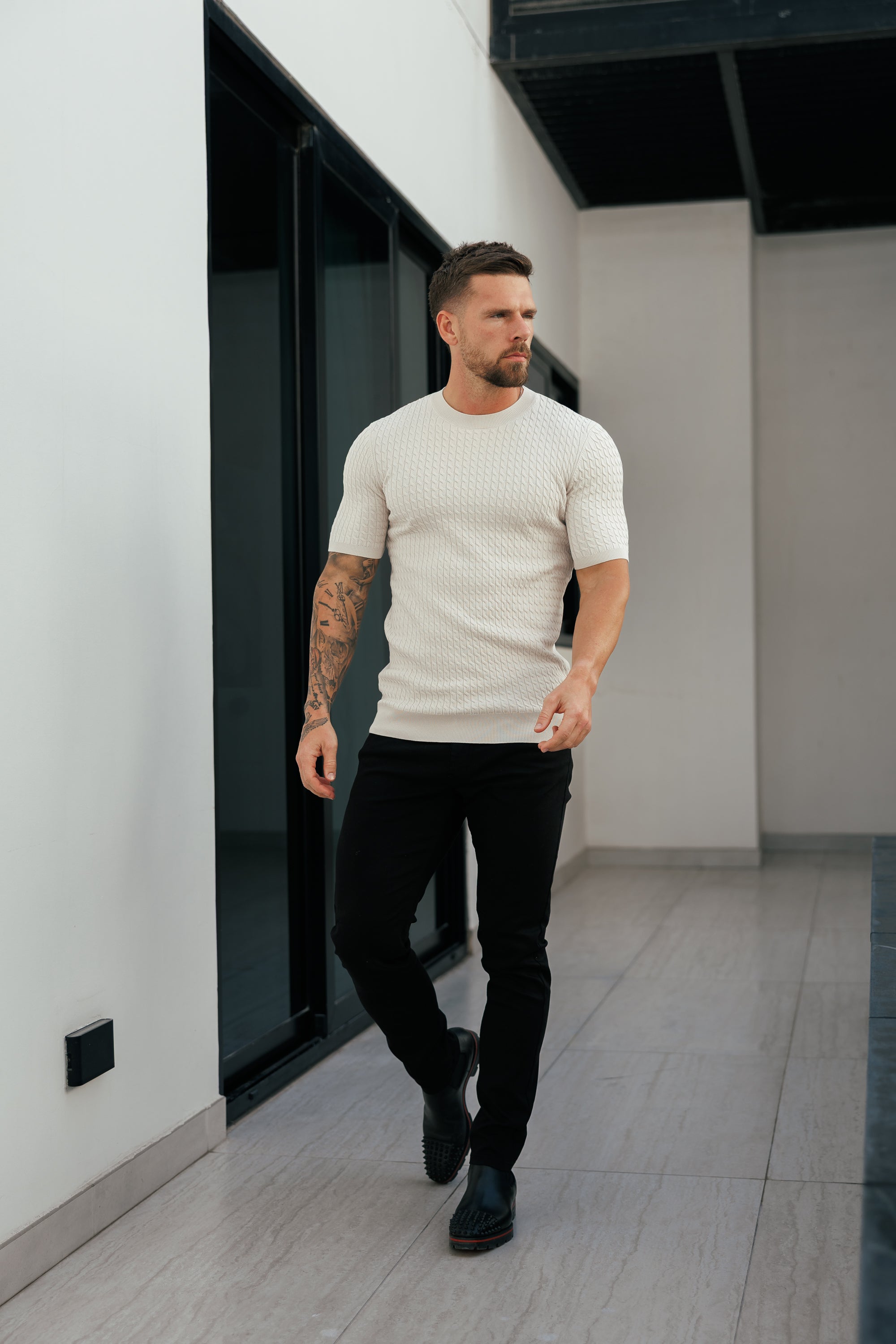 Front Chain Knit Crew Tshirt Cream Short Sleeve - FSR057