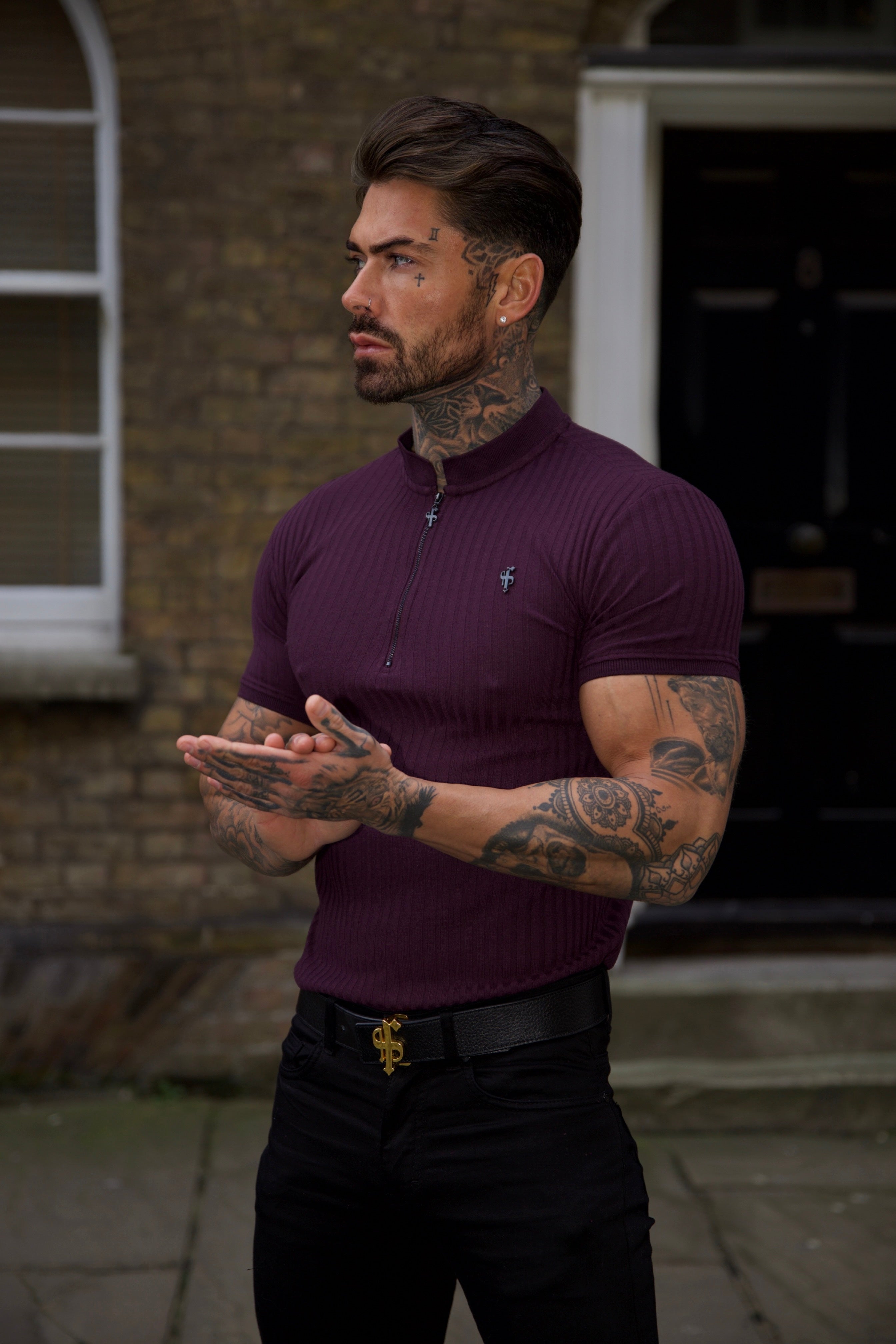 Classic Black / Black Ribbed Gold Zip Grandad Collar Shirt Short Sleeve - Black