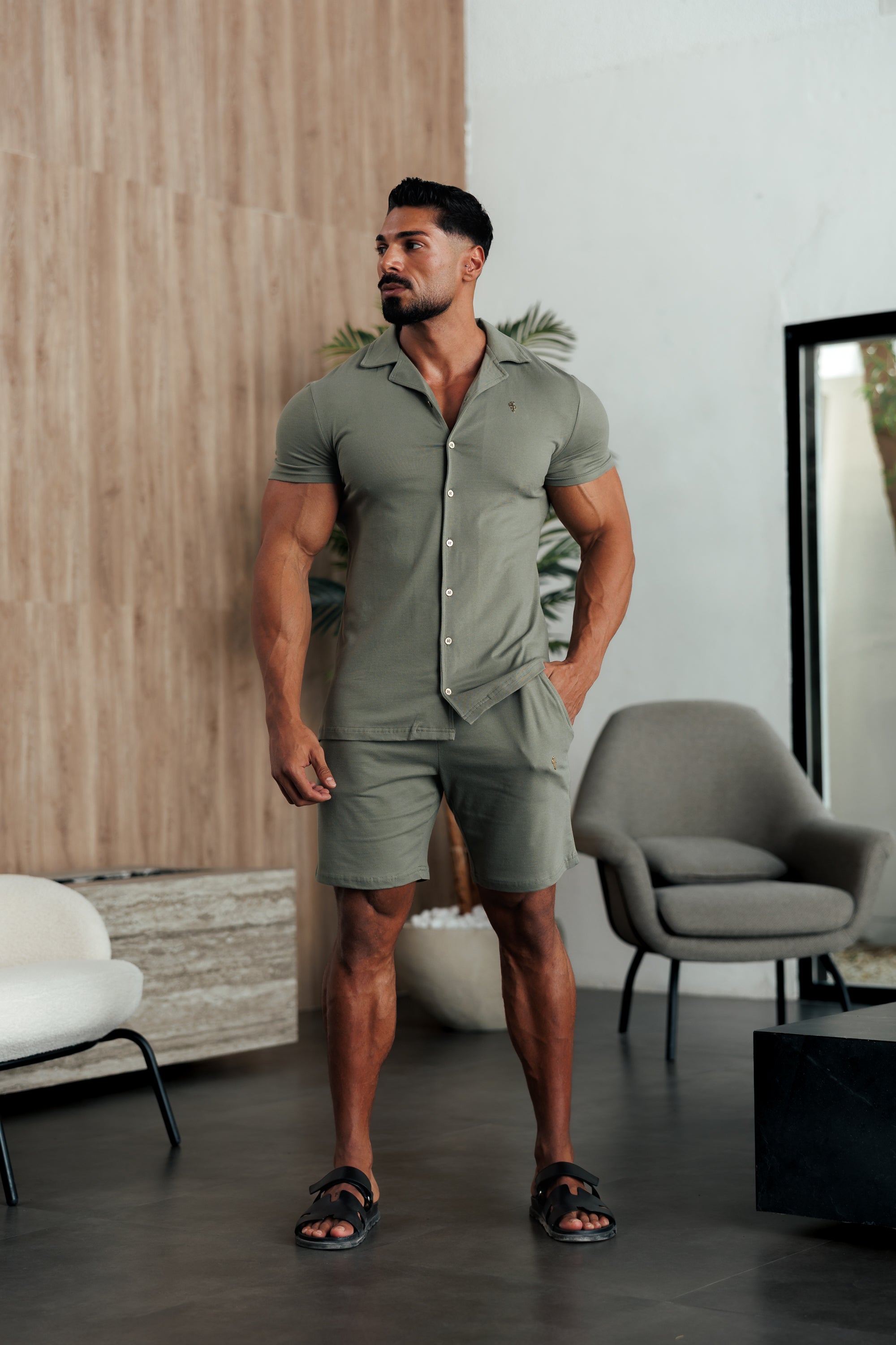 Stretch Olive / Gold Pique Revere Shirt Short Sleeve - FSH1387