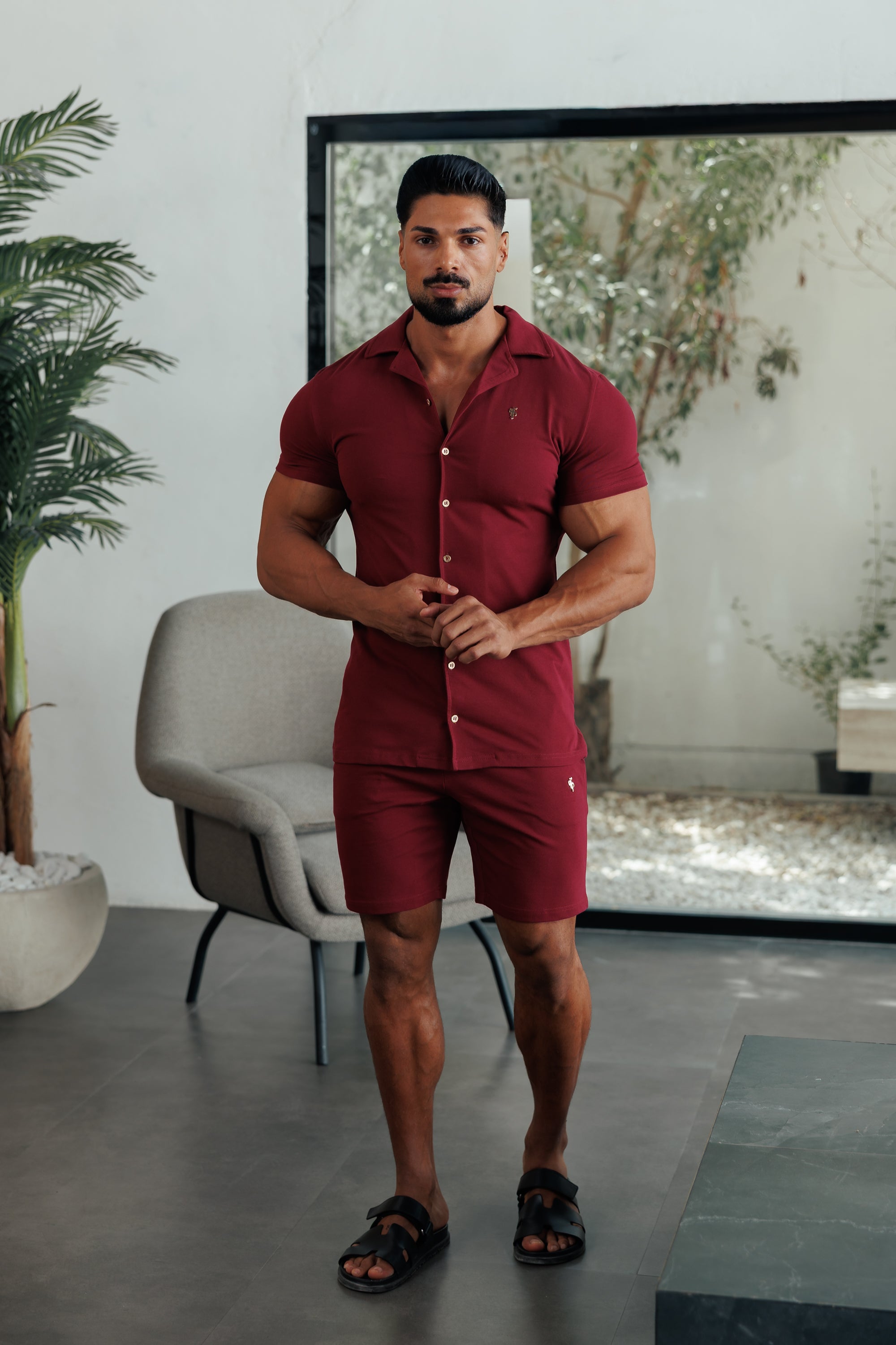 Stretch Wine / Gold Pique Revere Shirt Short Sleeve - FSH1388