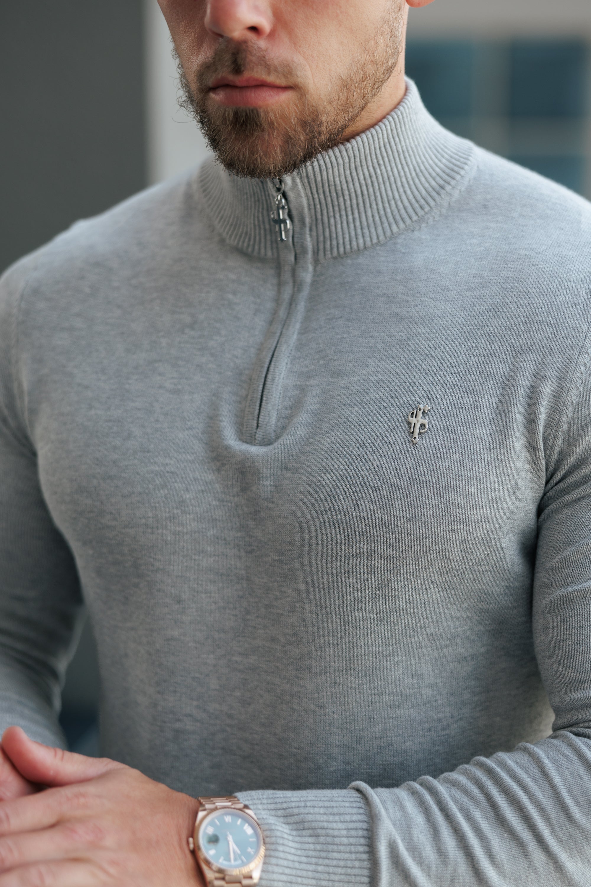 Light Grey Funnel Neck Knitted Jumper With FS Branding - FSN193