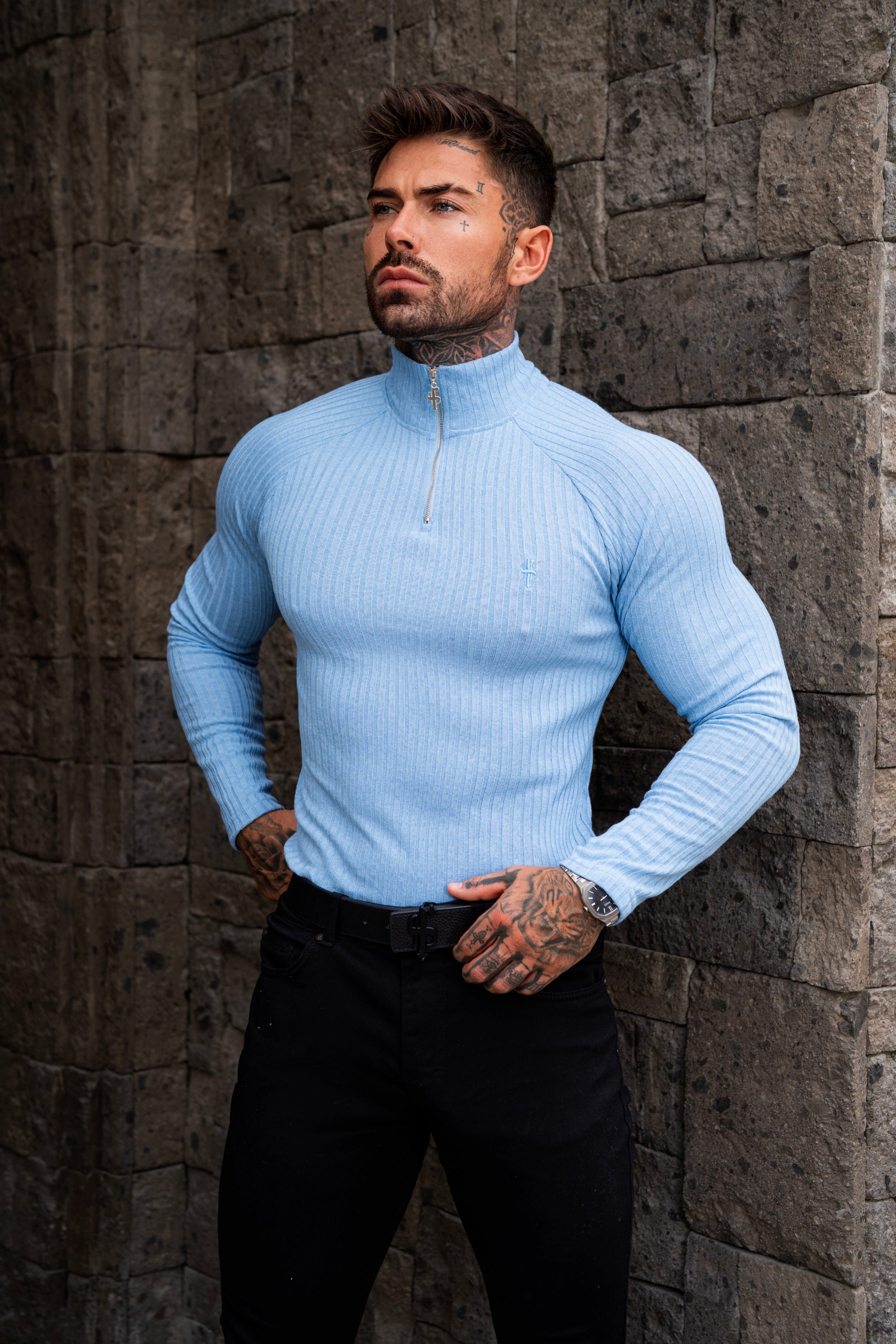 Classic Light Blue Ribbed Zip Funnel Neck Raglan Long Sleeve Crew - FSH1298