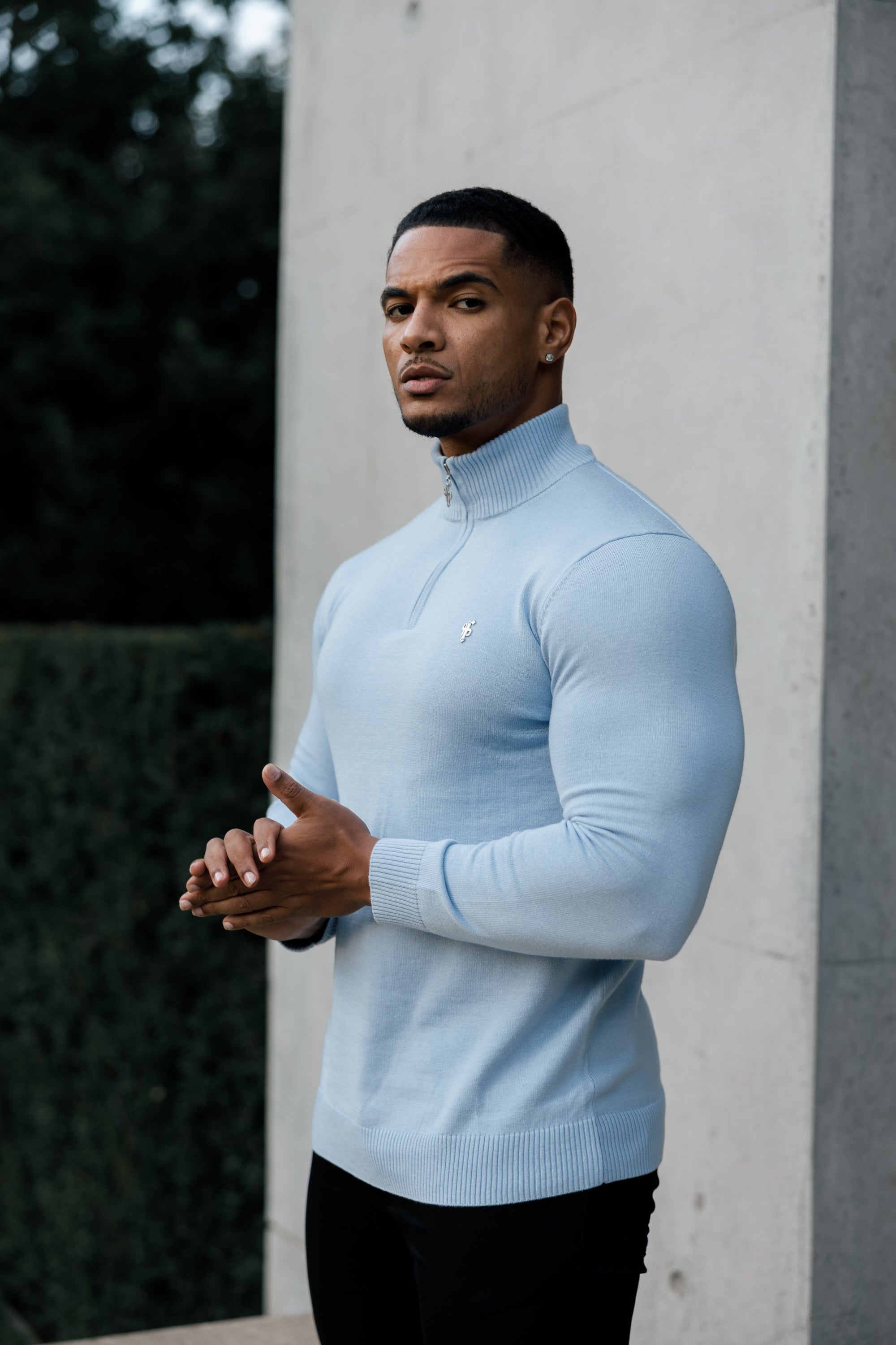 Light Blue Funnel Neck 1/2 Zip Knitted Jumper - FSN119