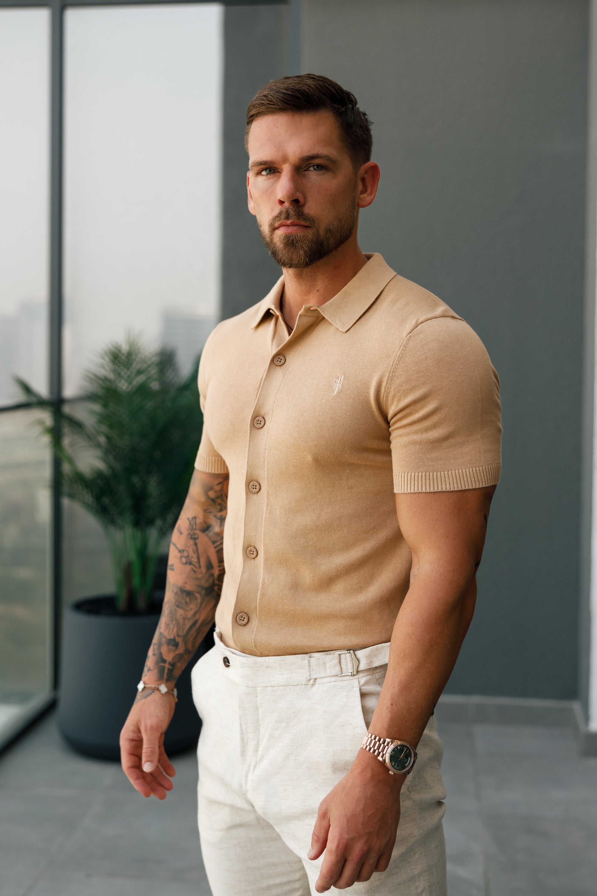 Classic Plain Coffee Knitted Button Through Polo Short Sleeve - FSN163