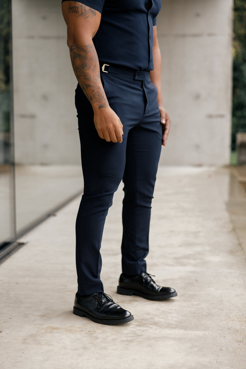 Father Sons Slim Formal Navy Stretch Trousers With Gold Waist Adjusters - FST016