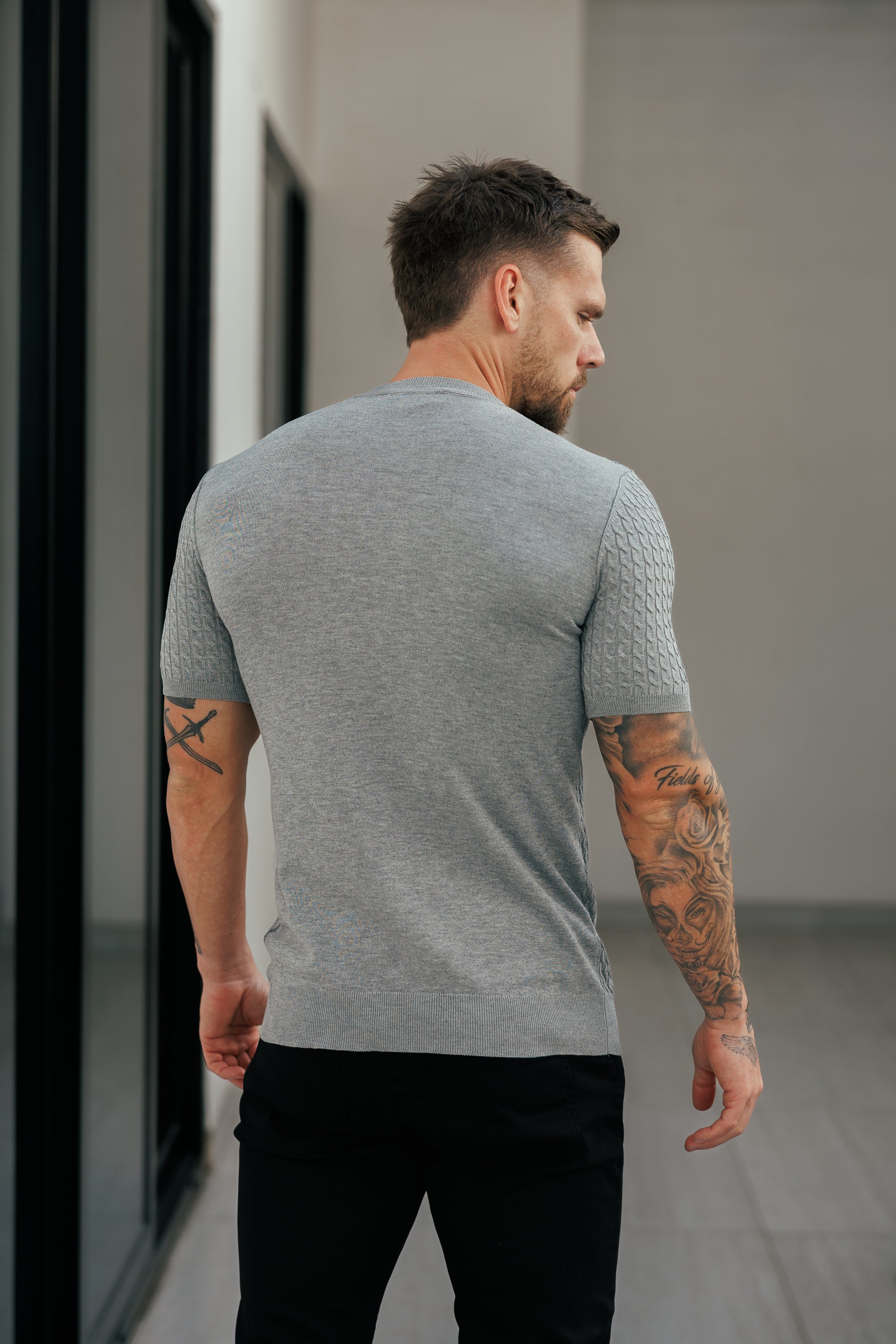 Front Chain Knit Crew T-Shirt Light Charcoal Short Sleeve - FSR058