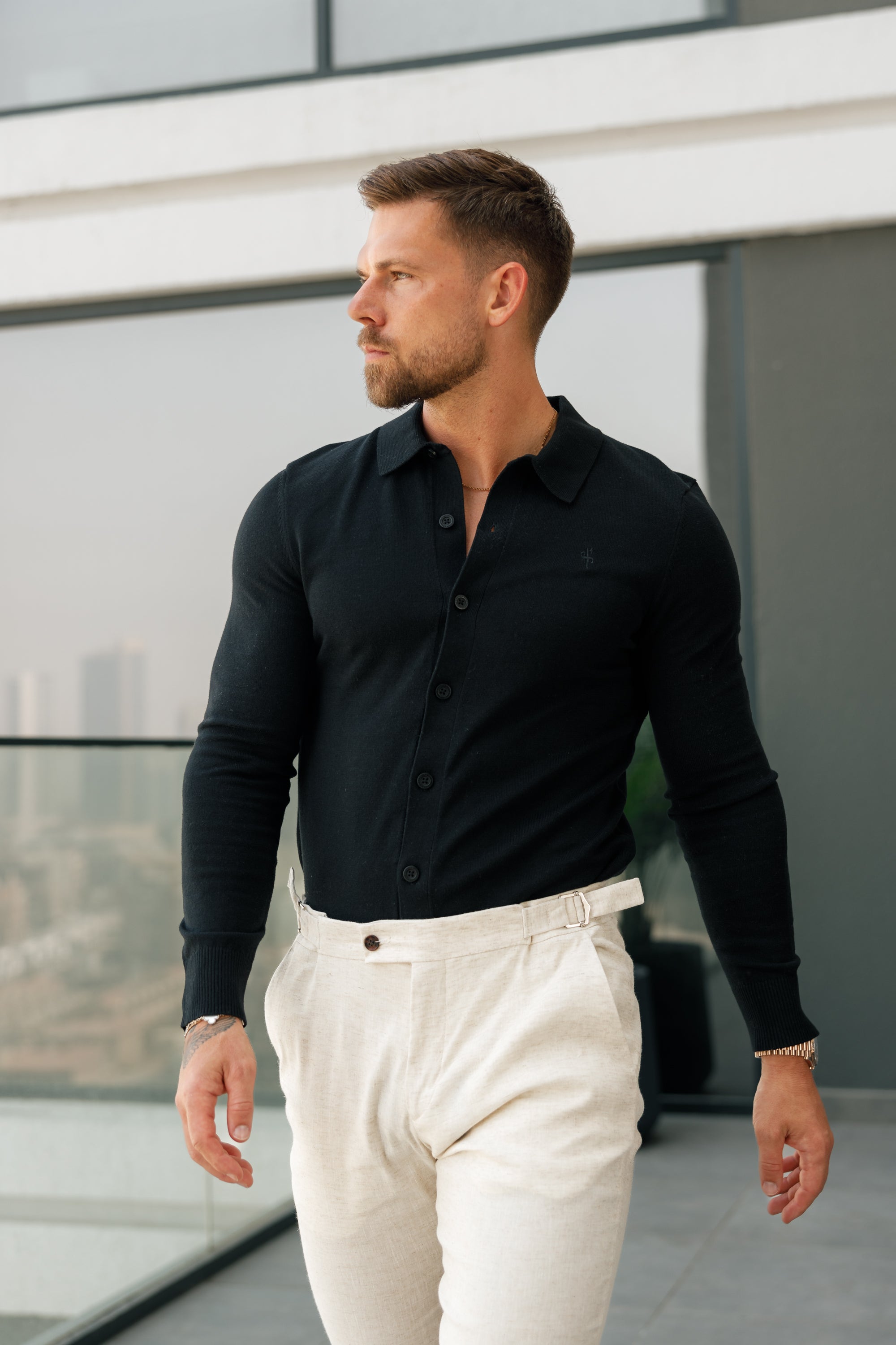 Classic Plain Black Knitted Button Through Polo Long Sleeve - FSN166