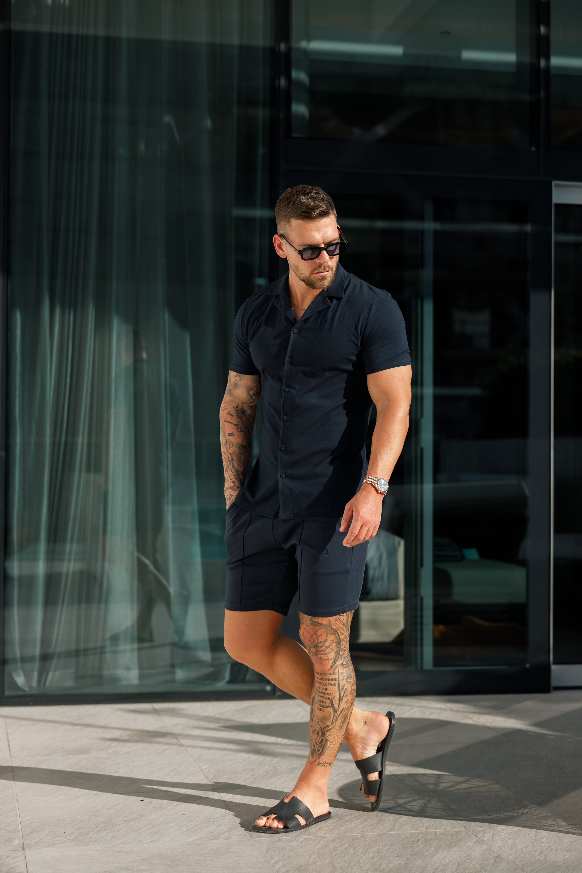 Stretch Navy Pique Revere Shirt Short Sleeve - FSH1069