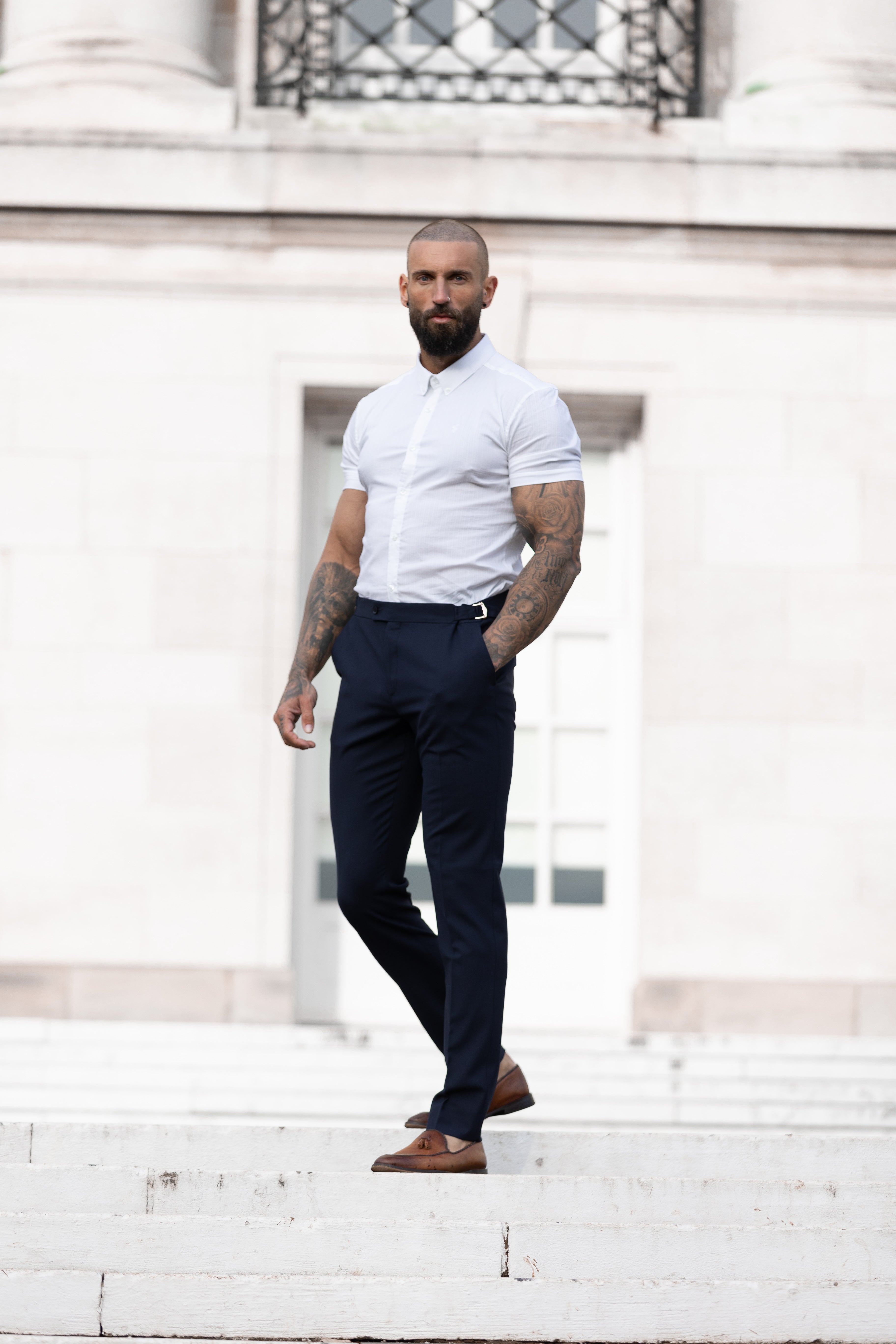 Super Slim Stretch White Self Woven Stripe Short Sleeve with Button Down Collar - FS988