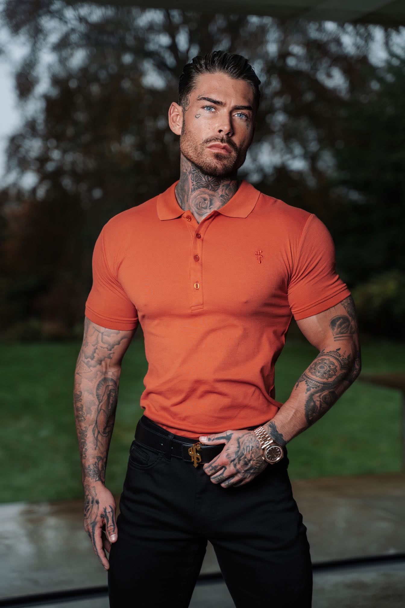 Classic Black Polo Shirt with Tonal Button and Embroidery