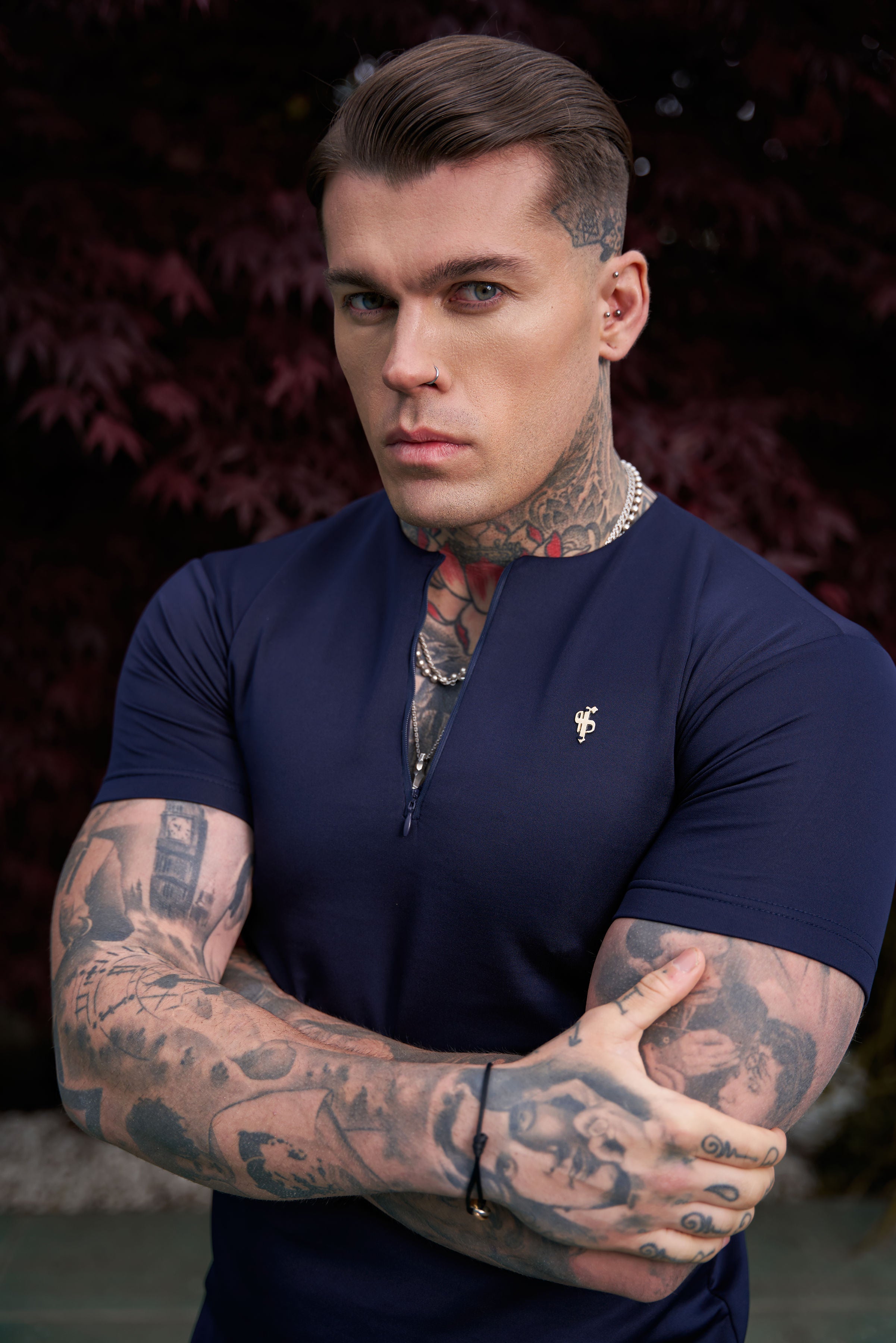 Scuba Navy / Gold Crew T Shirt With Zip Detail Short Sleeve - FSH1033