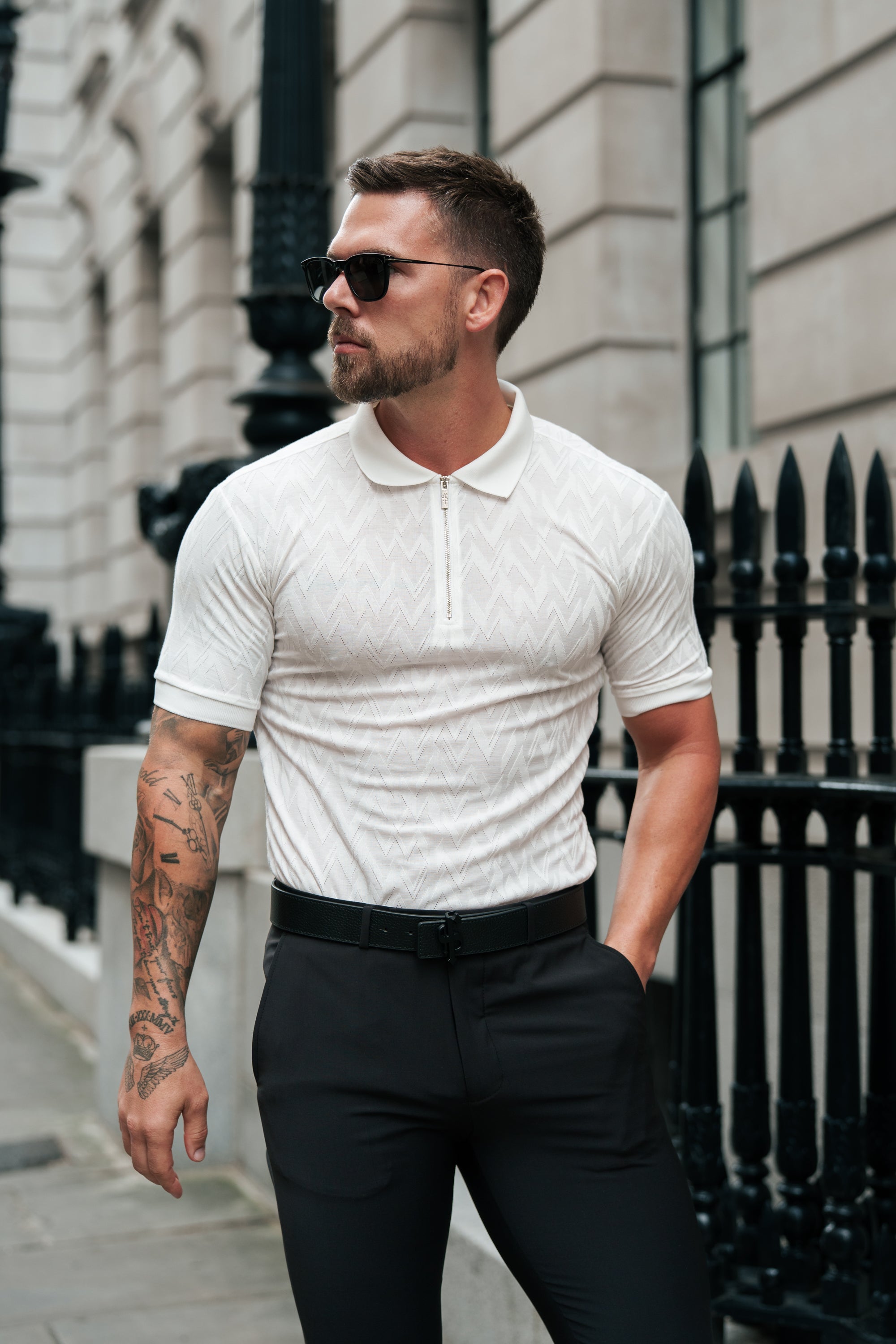 Classic Jacquard White Chevron Zipped Polo - FSR020