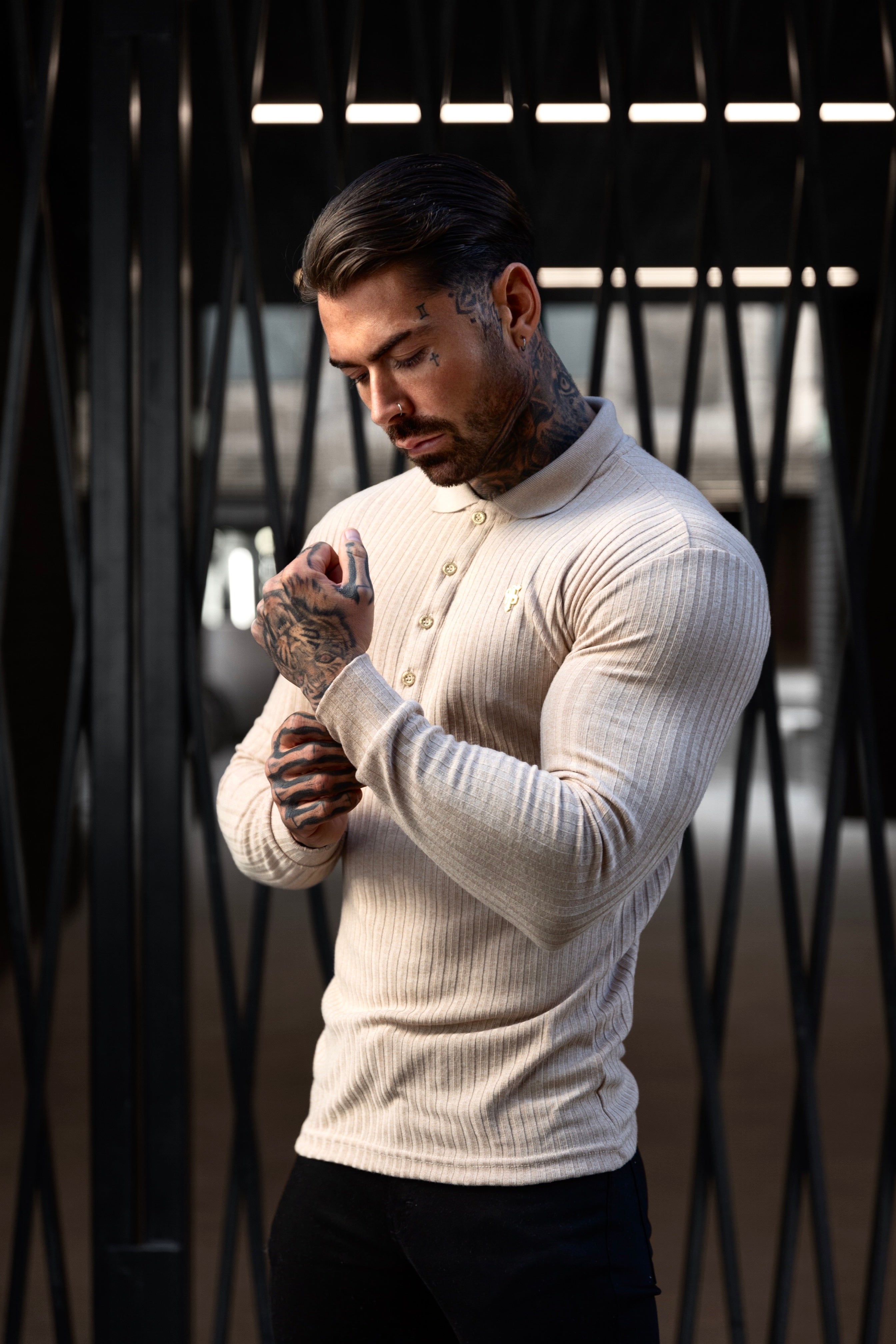 Classic Beige Ribbed Polo Shirt Long Sleeve With Gold Decal - FSH969