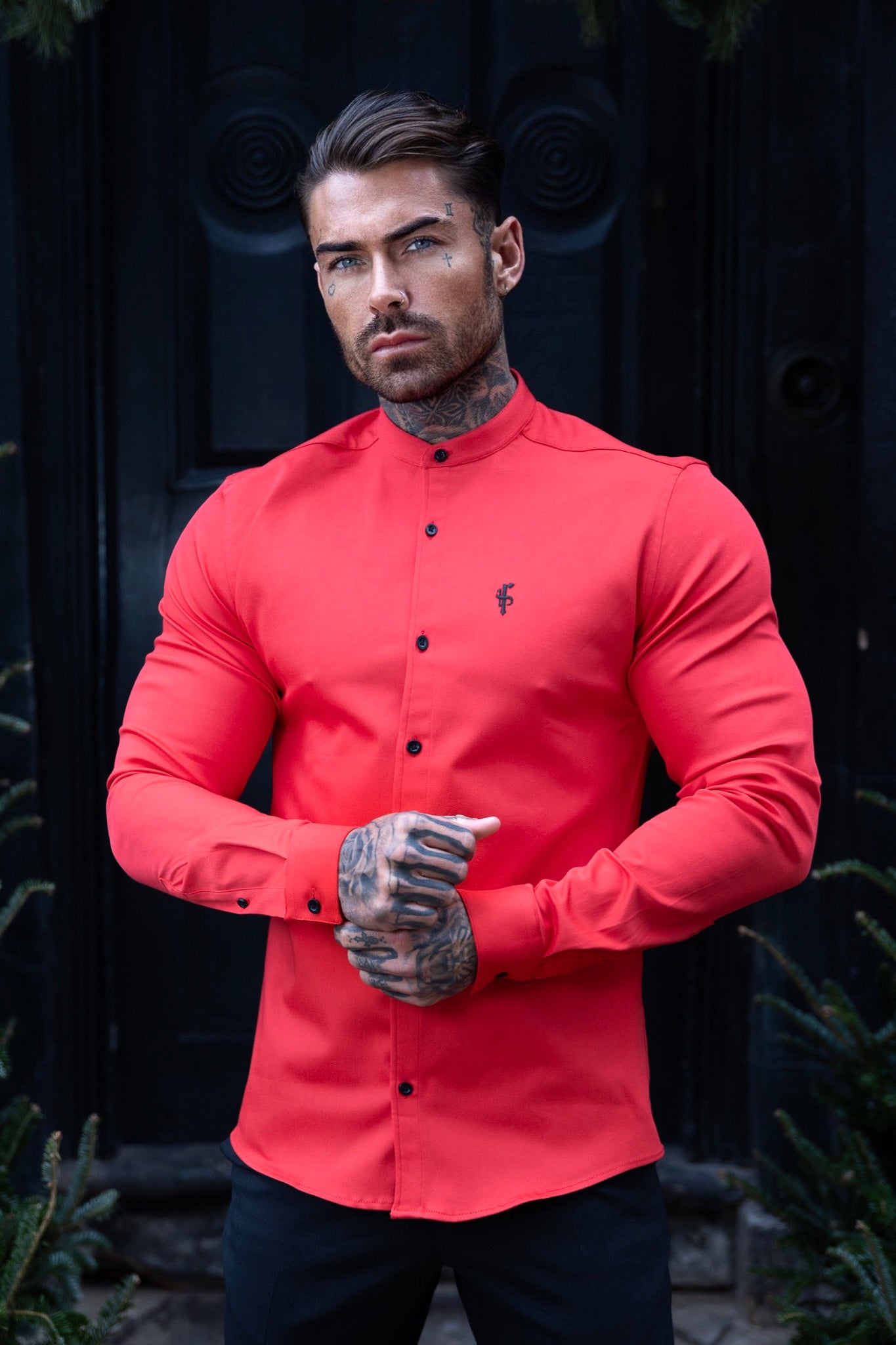 Super Slim Denim Red Long Sleeve Stretch with Grandad Collar - FS1039