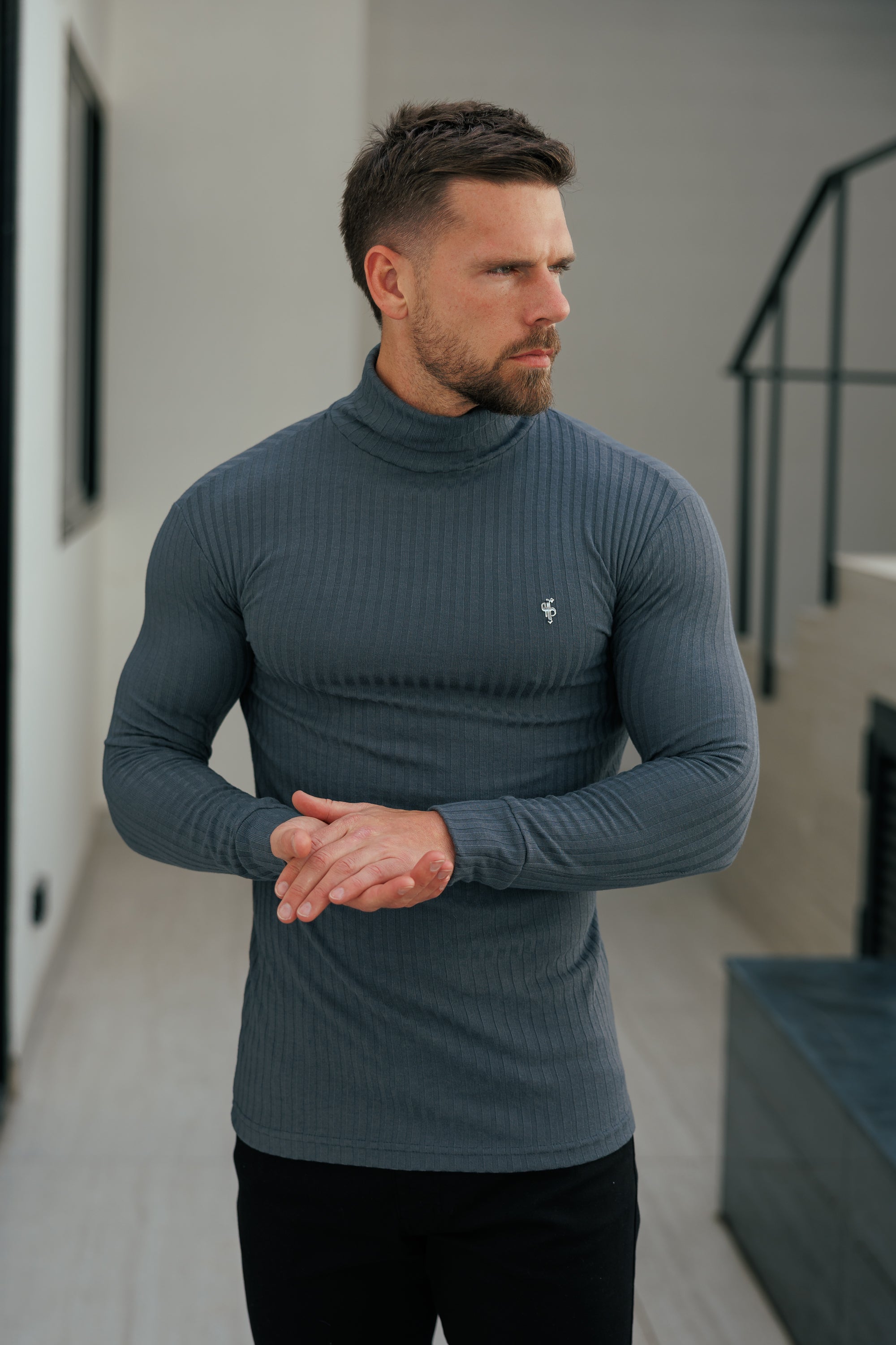 Super Slim Charcoal / Silver Ribbed Knit Roll-neck Jumper - FSH955