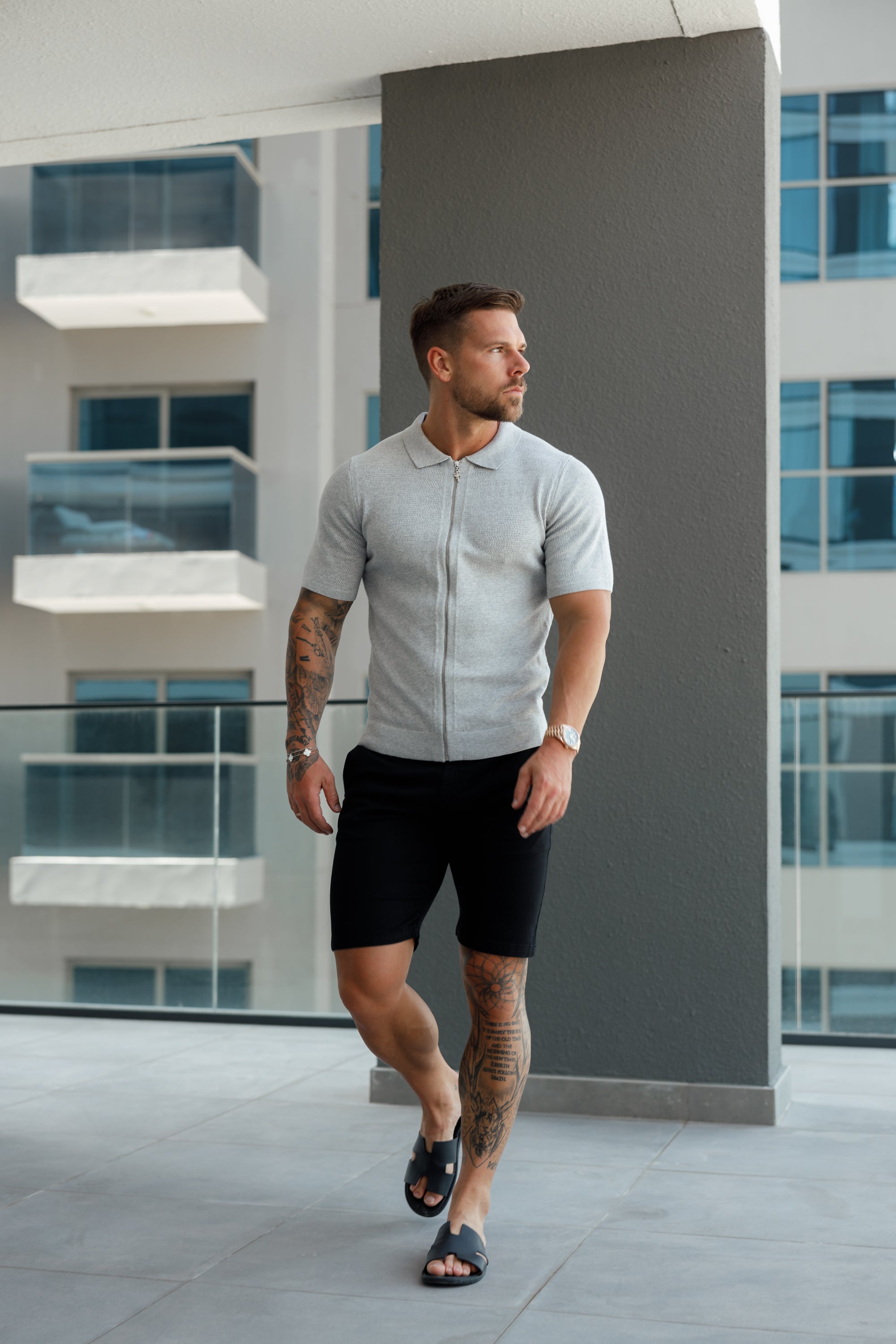 Classic Knitted Textured Design With Full Length Zip Light Grey Short Sleeve - FSN154