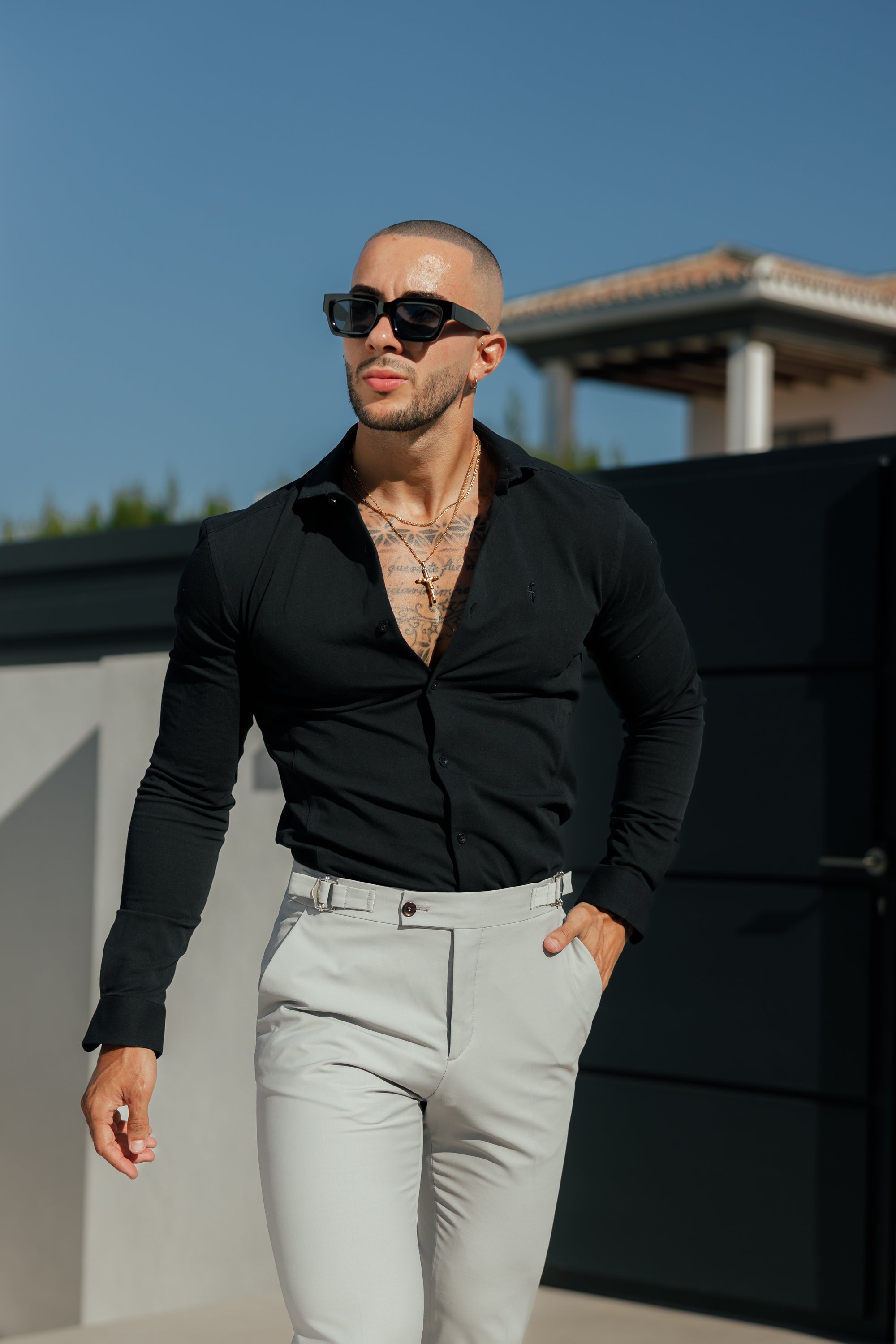 Super Slim Stretch Black Side Panel Shirt LS - FS1087