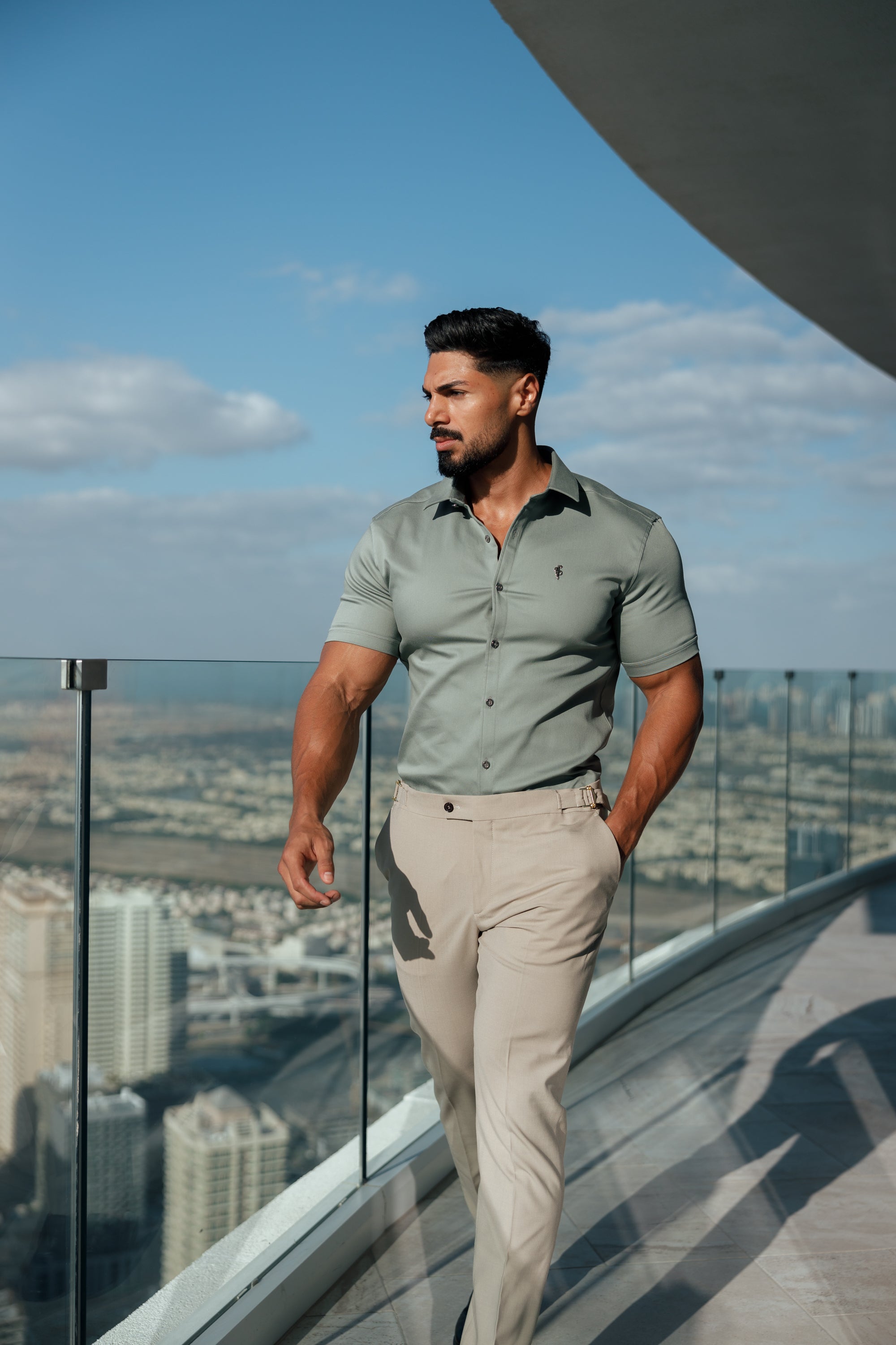 Super Slim Stretch Sage Green Denim Short Sleeve With Metal Buttons and Decal - FS1021