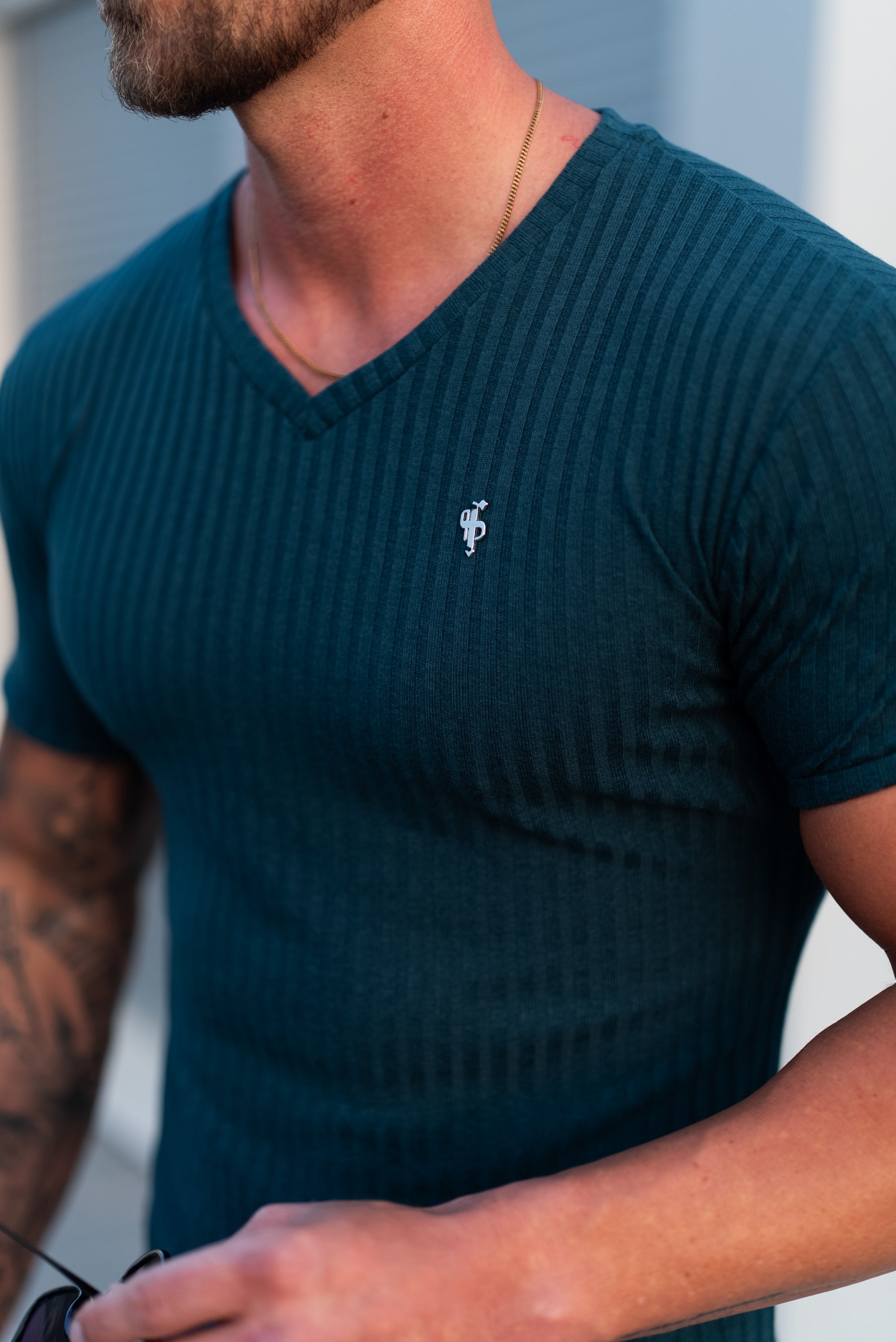 Super Slim Forest Green / Silver V Neck Ribbed Crew - FSH1368