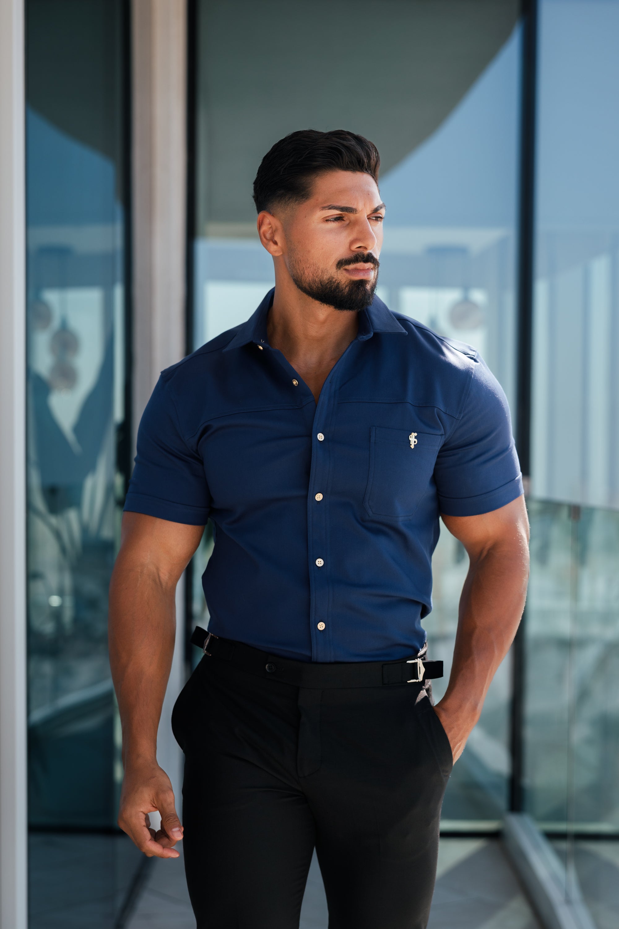 Super Slim Stretch Navy Denim Short Sleeve with Horizontal Seam and Pocket- FS959