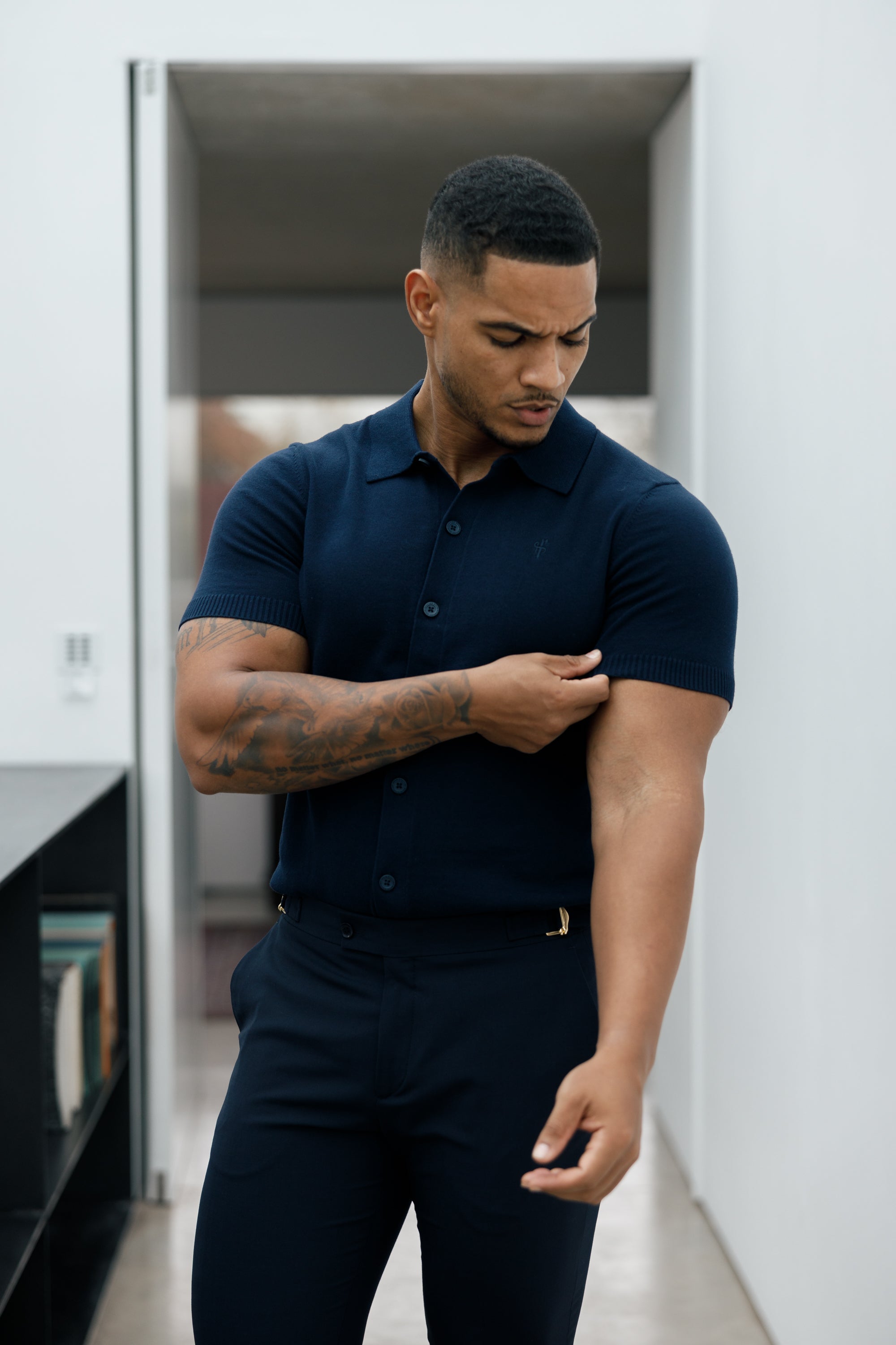 Classic Plain Navy Knitted Button Through Polo Short Sleeve - FSN103