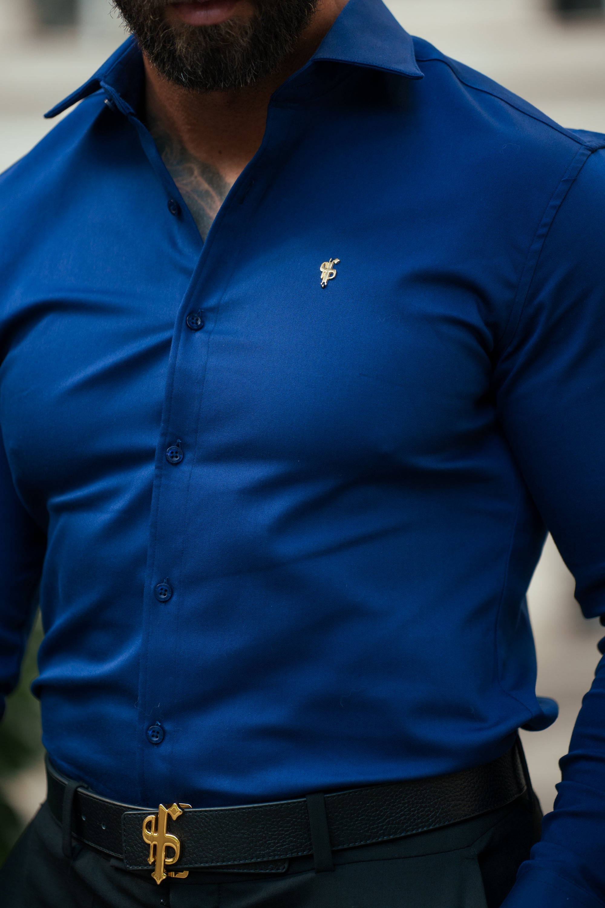 Super Slim Stretch Navy Denim Long Sleeve with Cutaway Collar - FS1149