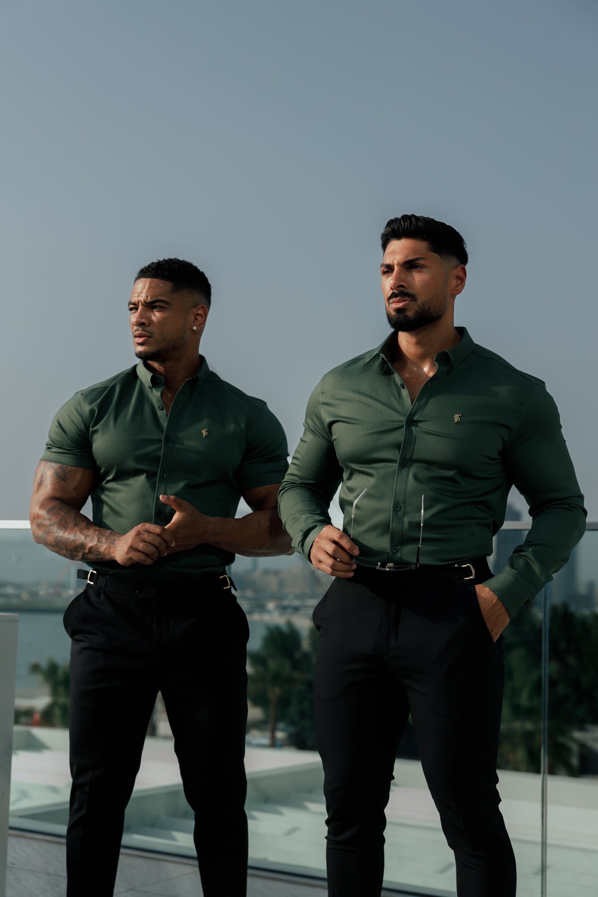 Super Slim Stretch Khaki Denim Short Sleeve with Gold Metal Decal and Button Down Collar - FS1043