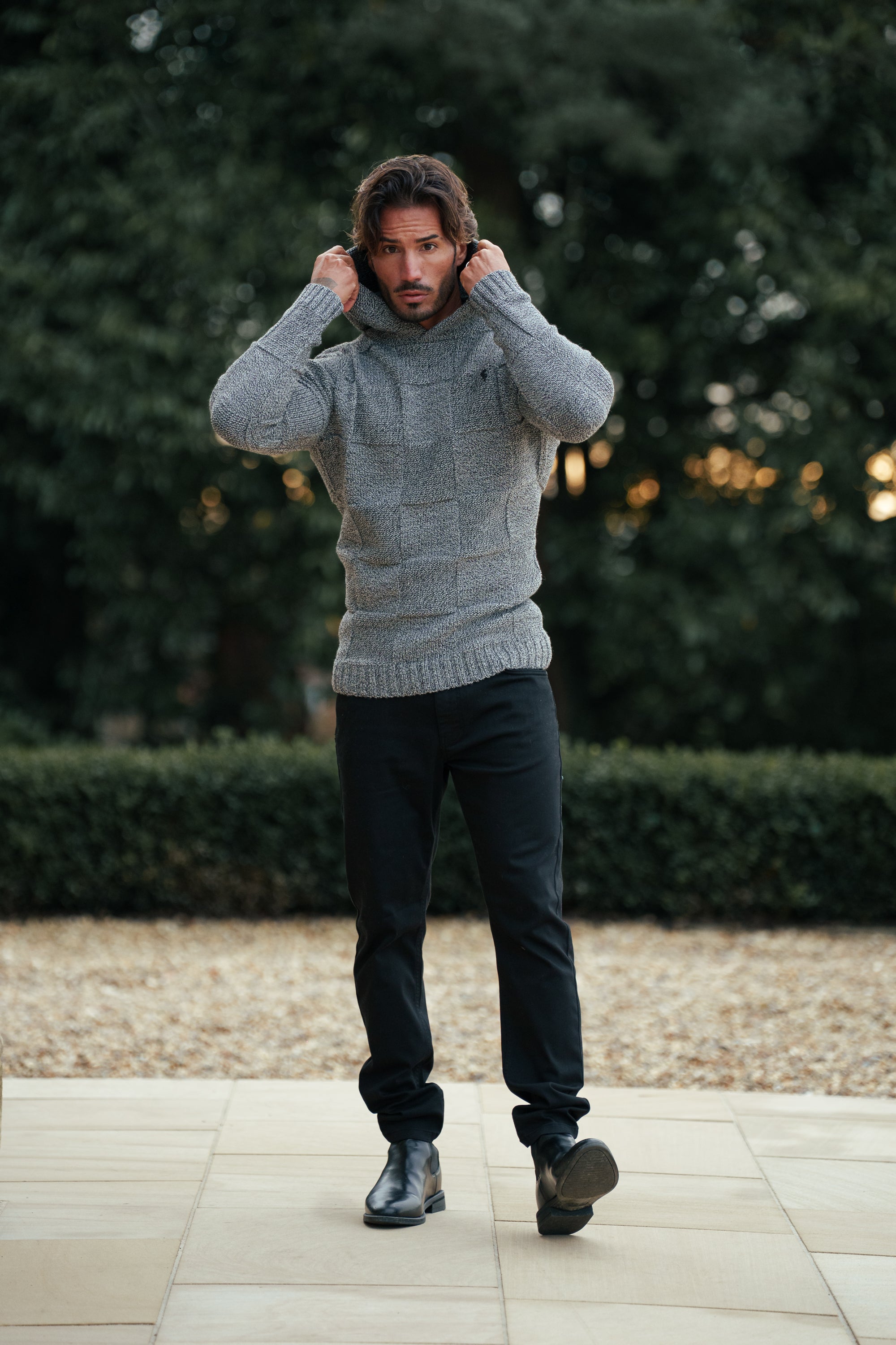 Black / White Two Tone Checkerboard Knitted Hoodie - FSJ134