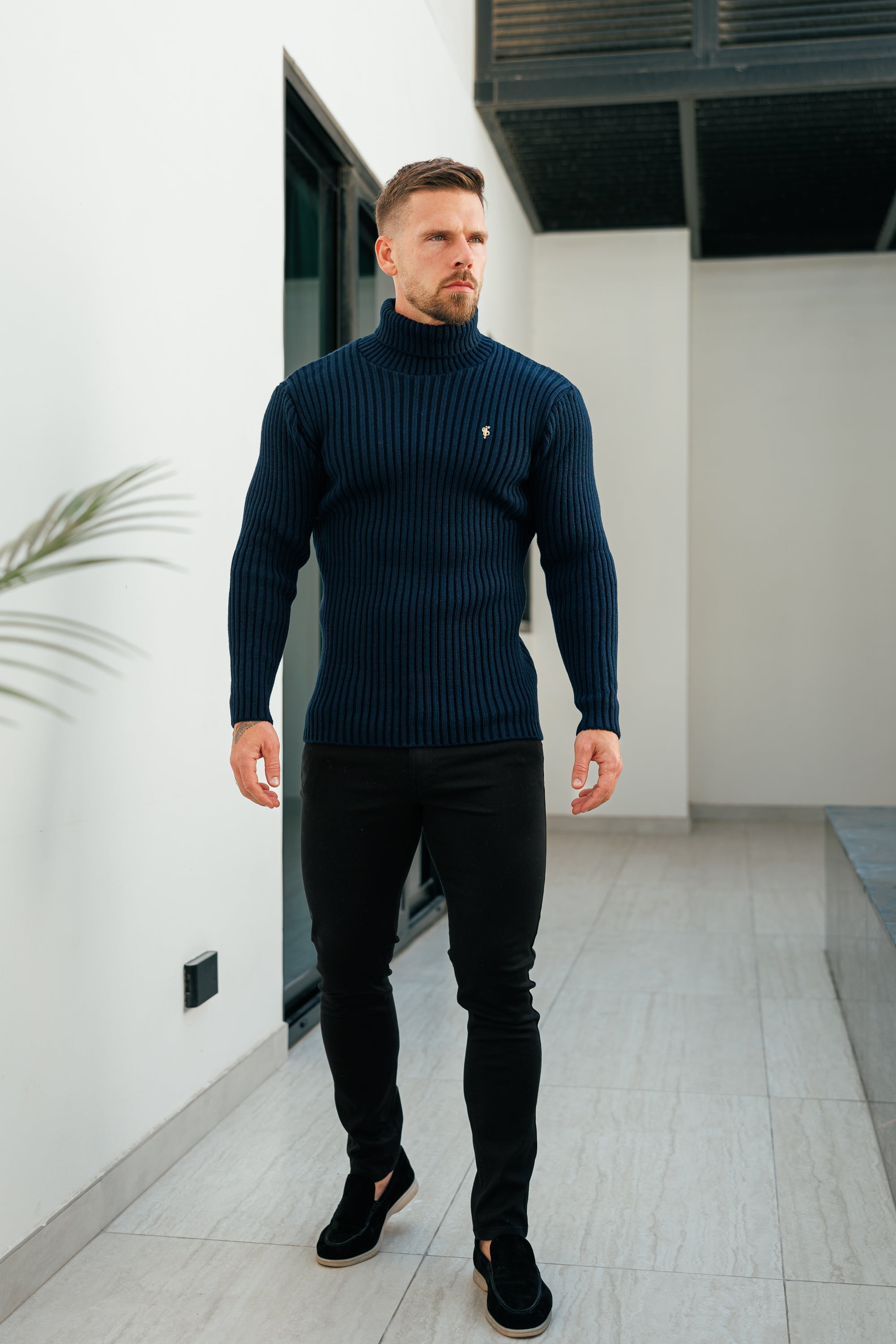 Ribbed Knit Navy Roll Neck Jumper - FSJ115