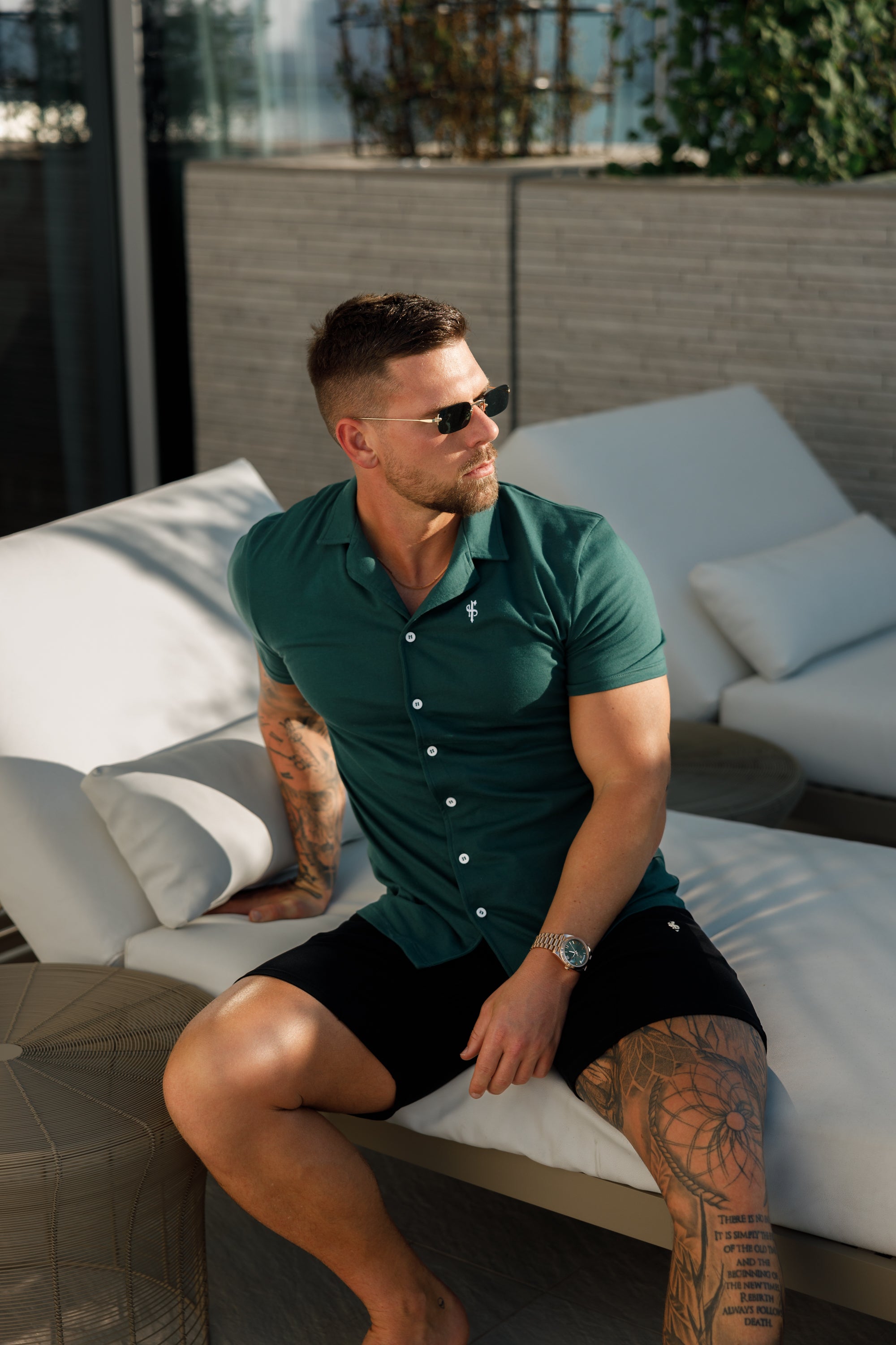Stretch Green Pique Revere Shirt Short Sleeve - FSH1076